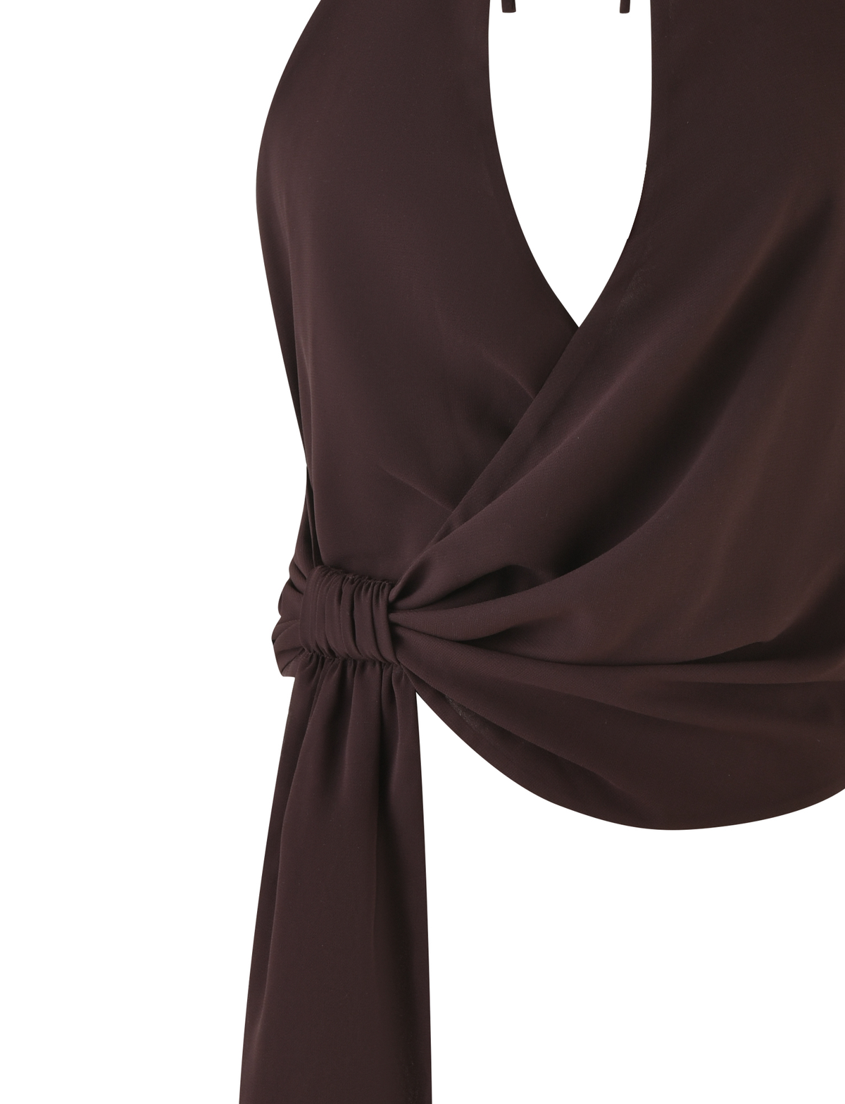A close-up of the TIGERMIST INDIGO TOP - BROWN: CHOCOLATE shows its sleeveless wrap design, deep neckline, and gathered tie waist, all crafted from a soft, elegant fabric.