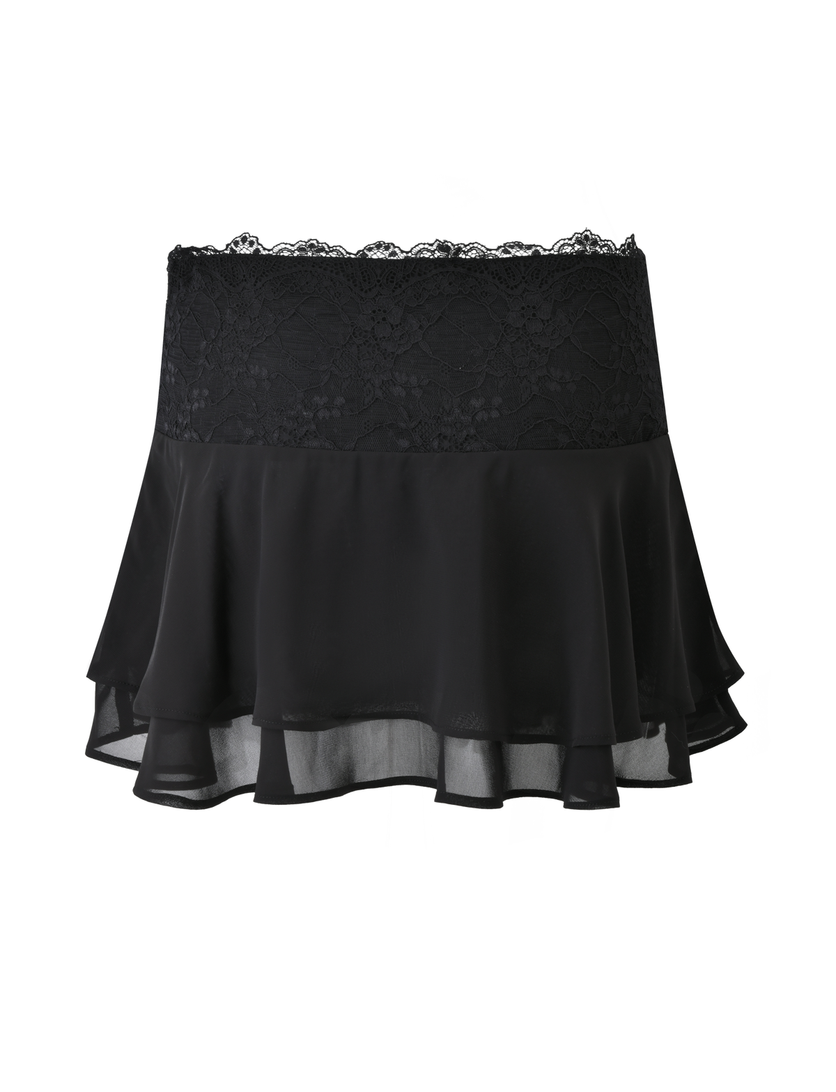 The INDIGO SKIRT - BLACK by TIGERMIST is a black chiffon mini skirt with a wide lace waistband and a flowy, layered hem, showcased against a plain background.
