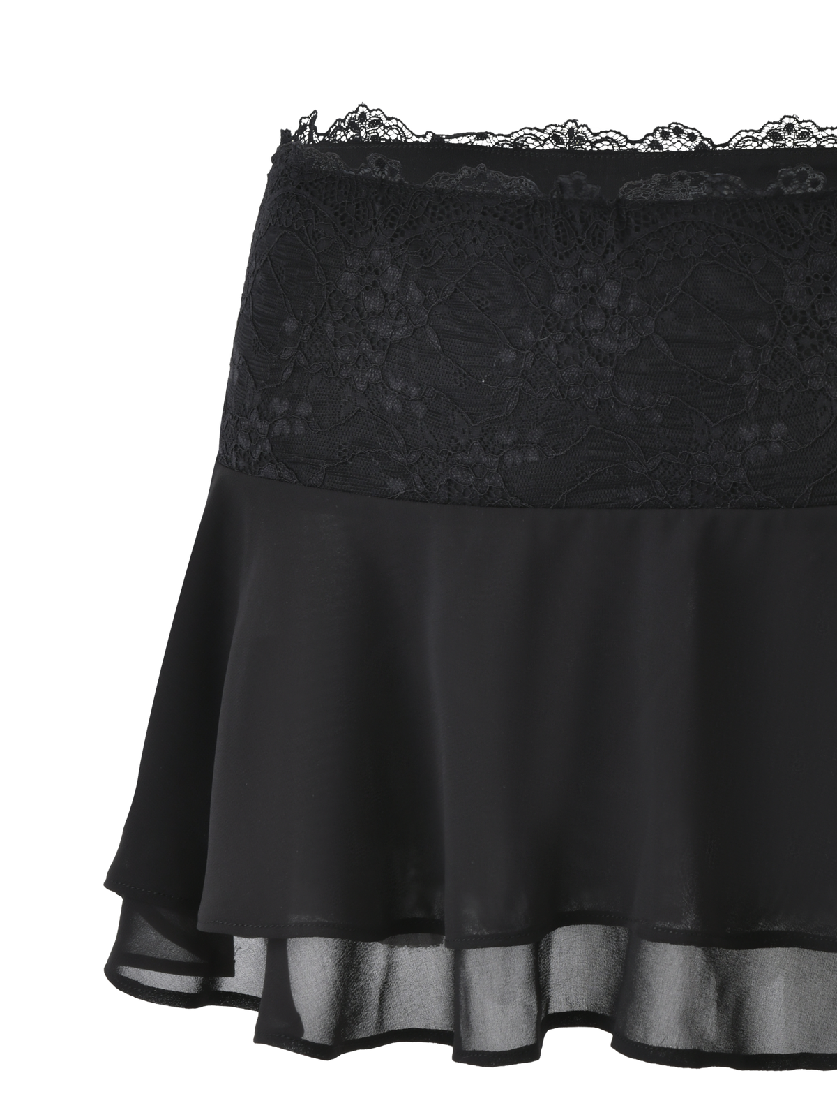 The INDIGO SKIRT - BLACK by TIGERMIST features a wide lace waistband, semi-sheer black chiffon, and a flowy layered hem for a stylish, feminine look that blends lace and chiffon textures.
