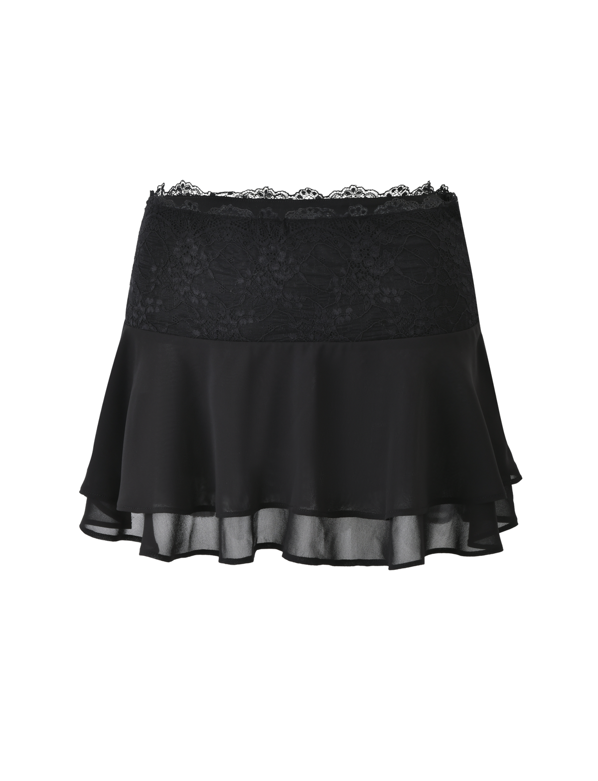 The INDIGO SKIRT - BLACK by TIGERMIST is a black chiffon mini skirt with a wide lace waistband and a double-layered, sheer, ruffled hem.