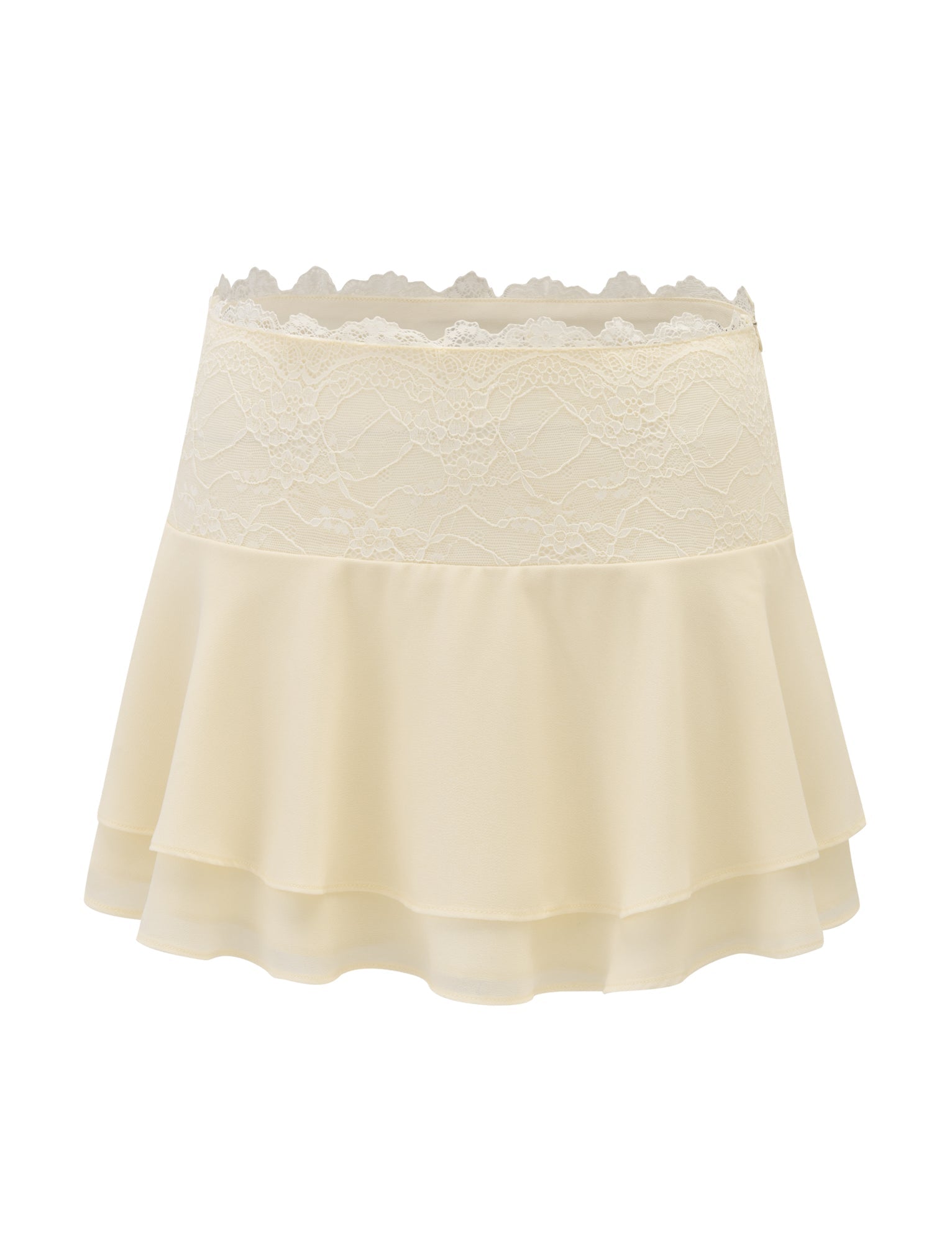 The TIGERMIST INDIGO SKIRT - IVORY is a tiered ivory skirt with a short, layered design, lace waistband, and scalloped lace trim at the top, shown against a white background.