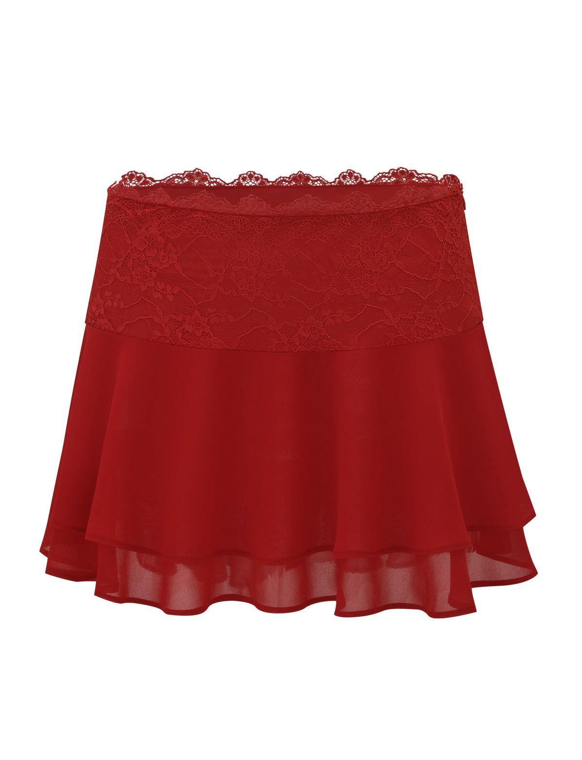 The INDIGO SKIRT - RED by TIGERMIST is a red chiffon mini skirt with a lace waistband, sheer flowy tiers, a flared silhouette, and scalloped lace trim for added charm.