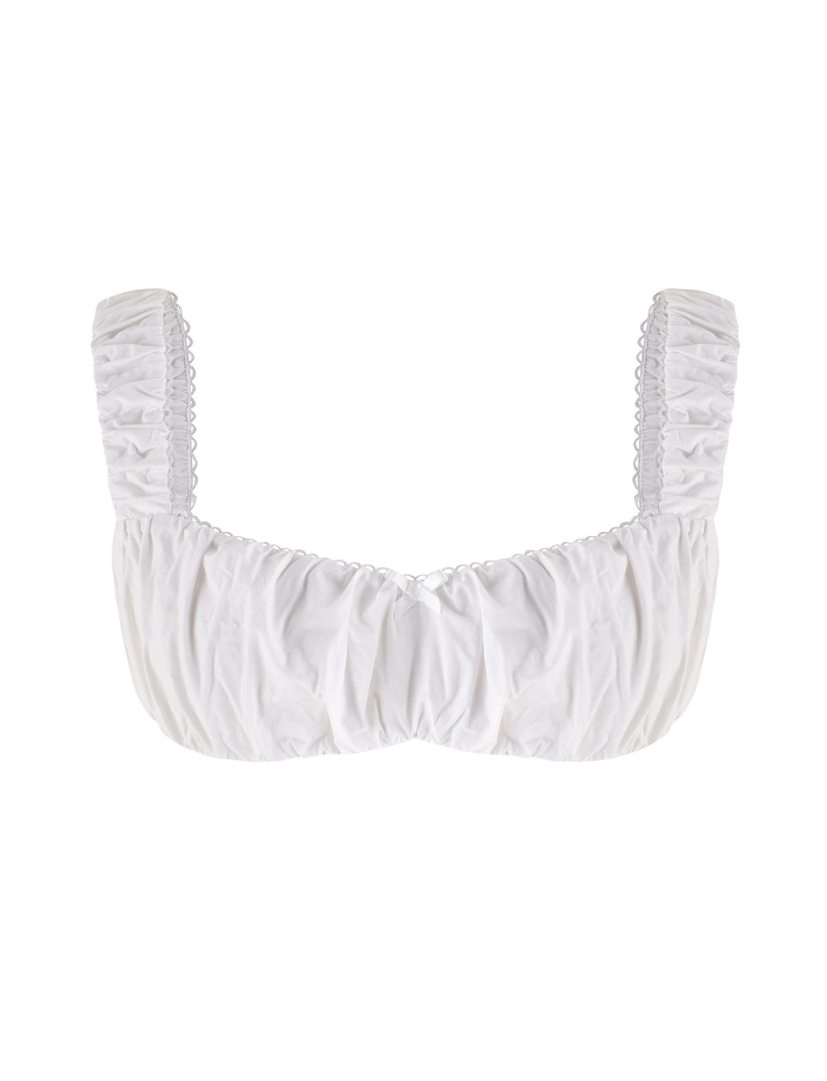 The SABRA TOP - WHITE by TIGERMIST is a white, ruched crop top featuring wide gathered straps and a sweetheart neckline, shown against a plain white background.
