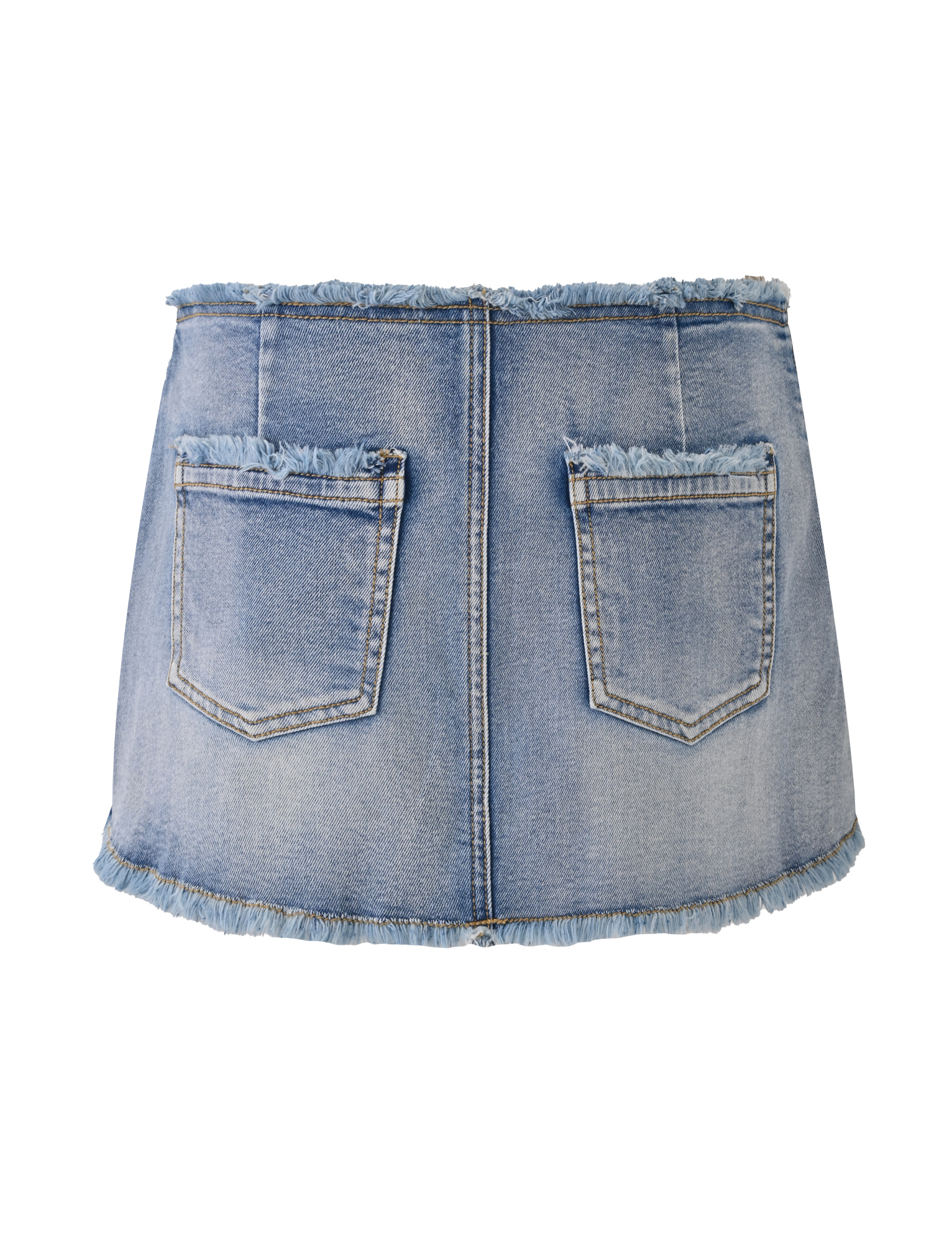 The TIGERMIST OPHELIE SKORT - DENIM is a light blue, stretch denim mini skort with two back pockets and frayed waistband and hem, shown on a white background.