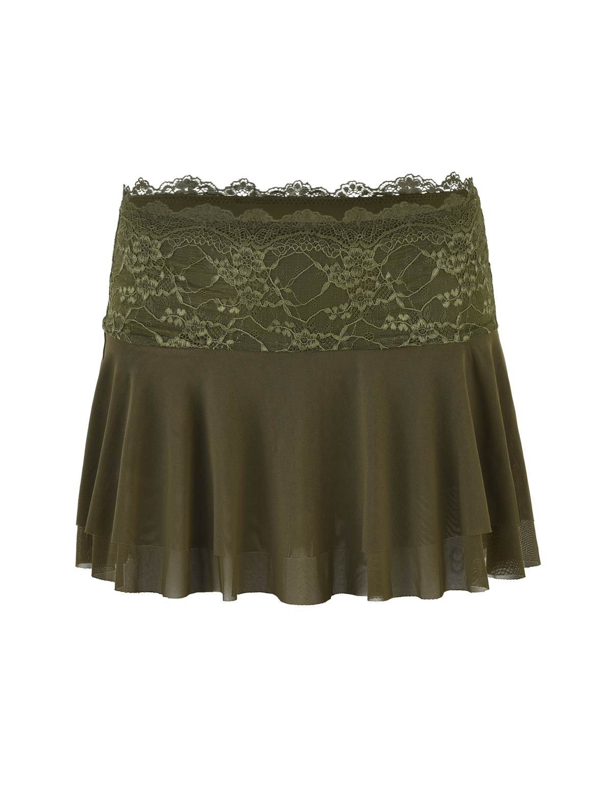 The ADELINA MINI SKIRT by TIGERMIST features a khaki green hue with a wide lace waistband and flowy hem. Made from high-stretch fabric, its delicate lace detail gives this solid mini skirt a feminine touch.