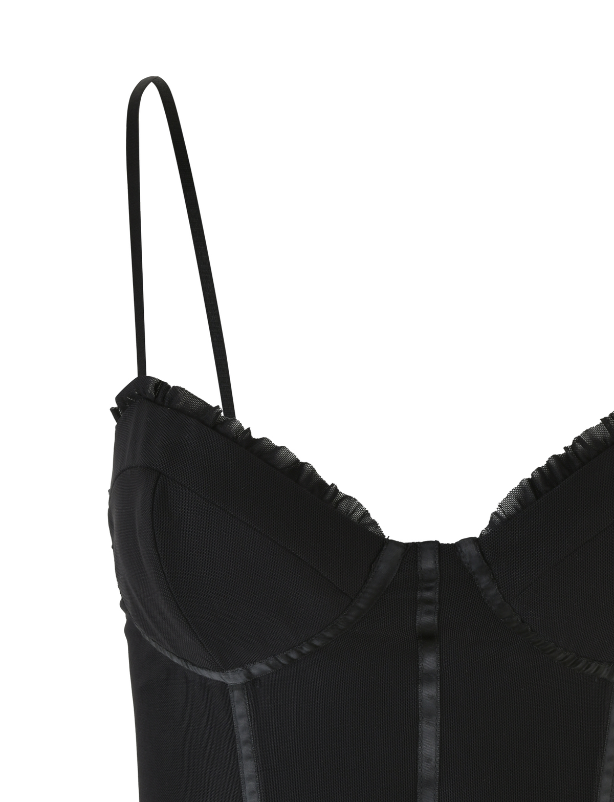 Close-up of the TIGERMIST KAIRA CORSET TOP in black, featuring mesh fabric, thin spaghetti straps, structured cups, satin trim, and visible vertical seams with satin binding, shown against a plain white background.