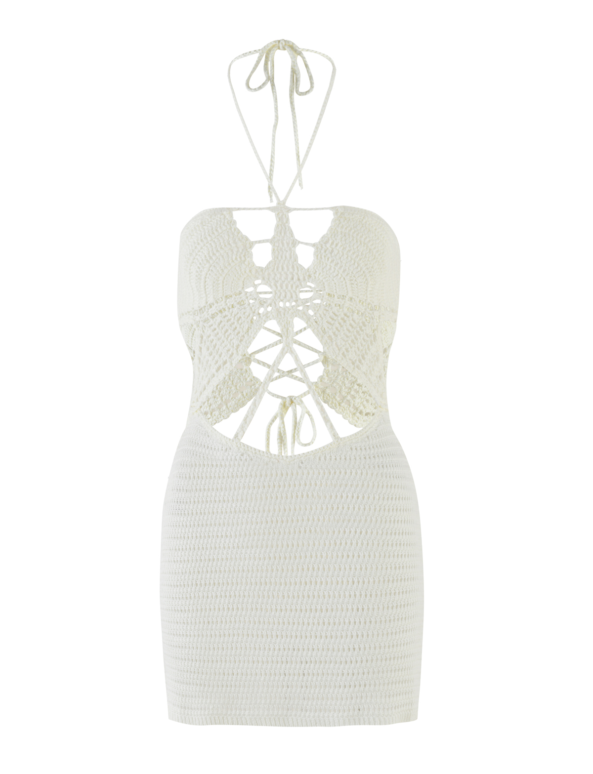 The AZADI MINI DRESS by TIGERMIST features a white crochet halter neck, open back, and lace-up cutouts on the front and sides—a flirty mini dress perfect for any occasion.