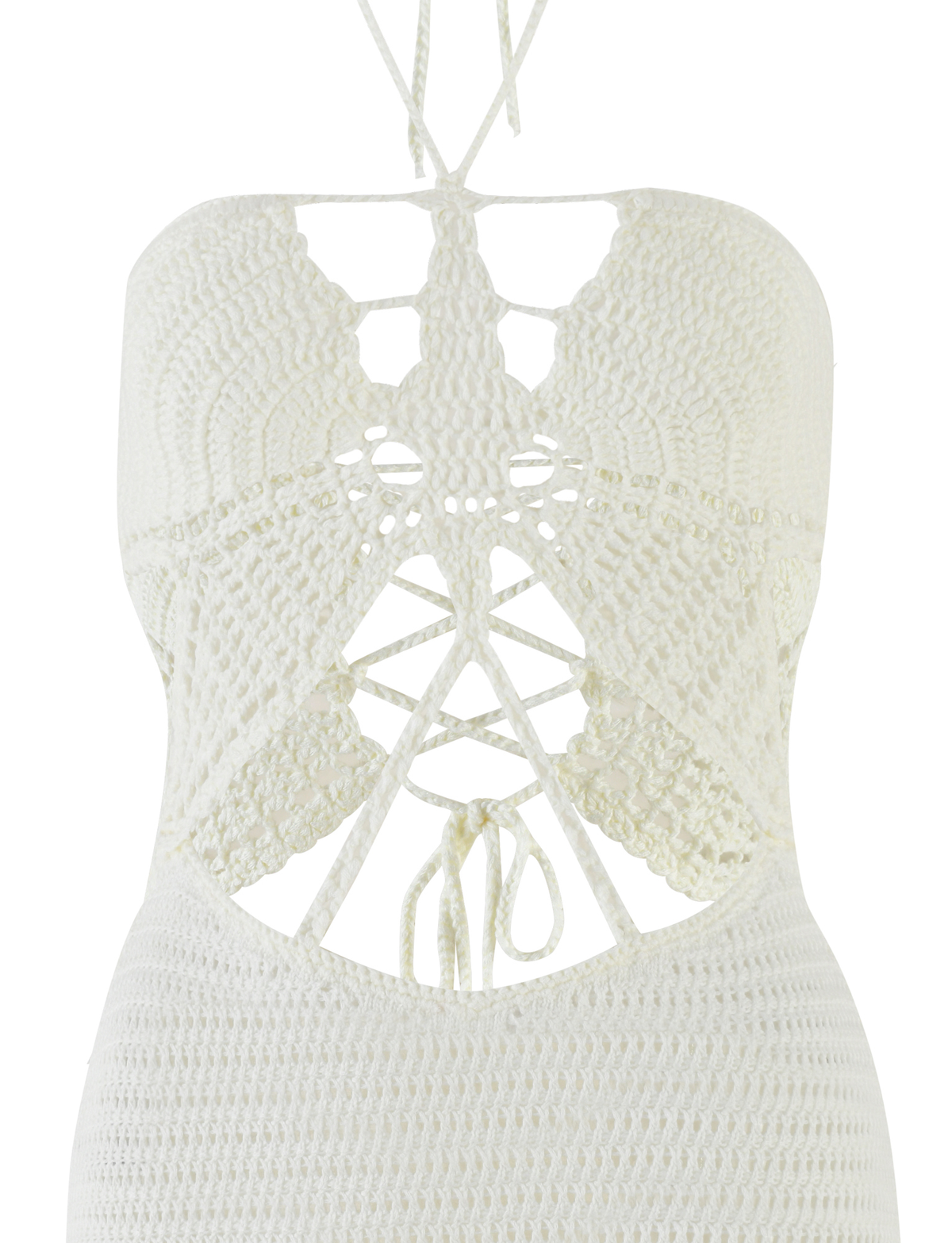 Close-up of the TIGERMIST AZADI MINI DRESS in white, featuring a halter neck, lace-up front ties, textured stitching, and intricate openwork patterns on the bodice.