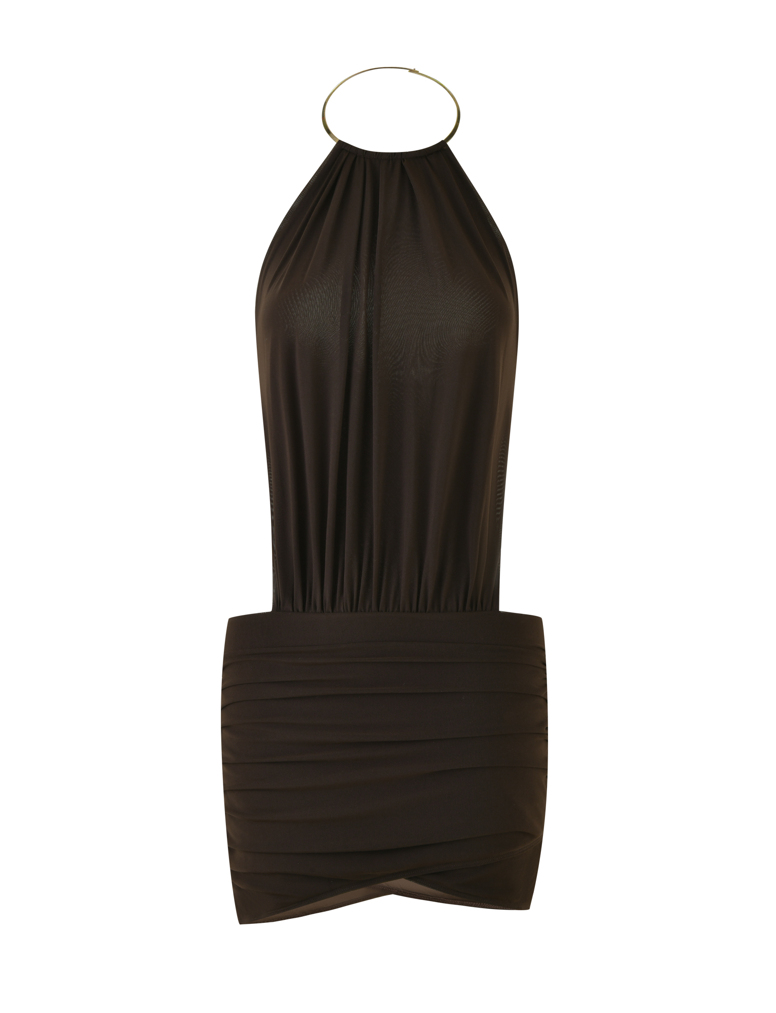 The EVANNA MINI DRESS by TIGERMIST in chocolate brown features a gold hoop high neckline, ruched waist detailing, and a bodycon mini skirt, shown on a white background.