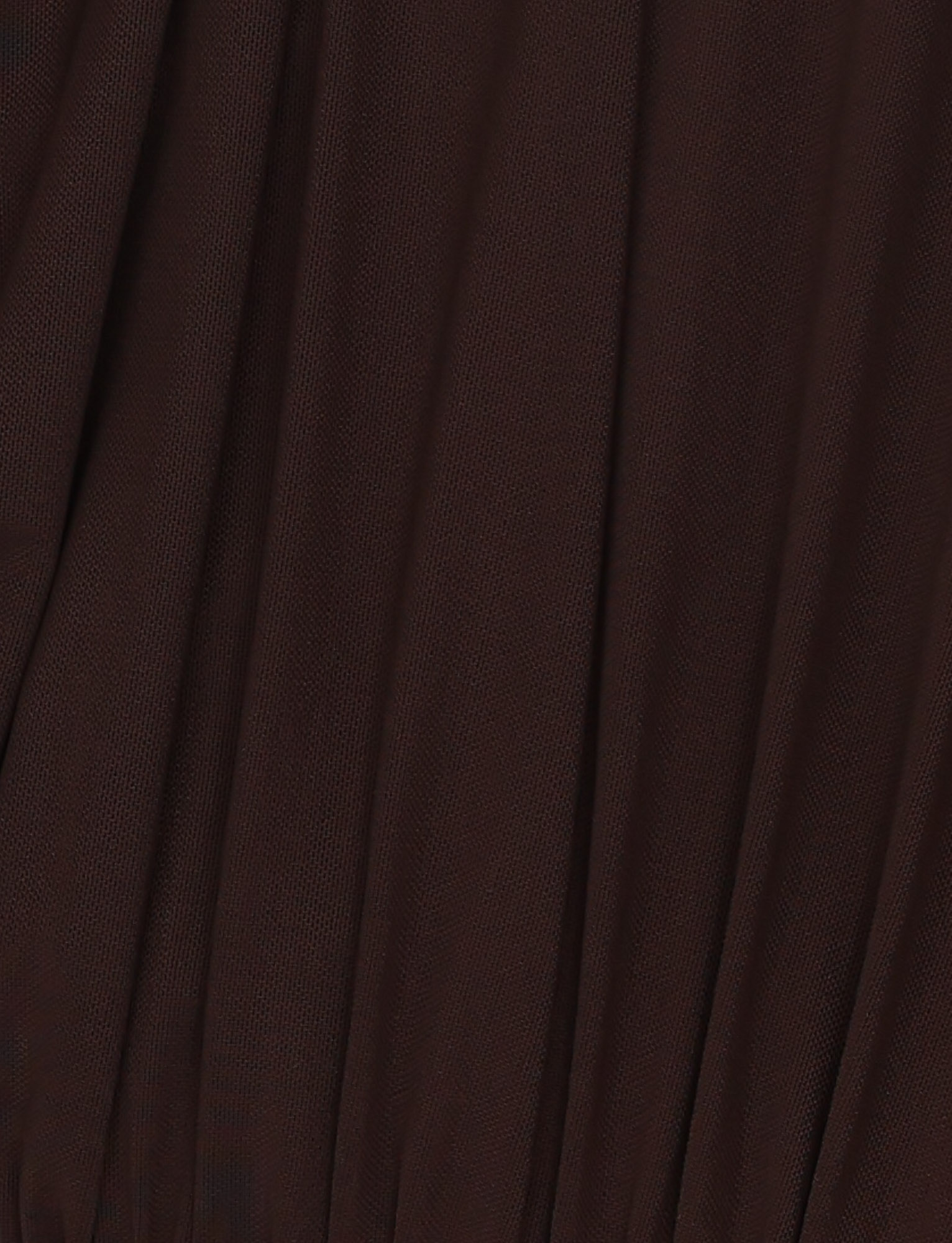 Close-up of the EVANNA MINI DRESS - BROWN : CHOCOLATE by TIGERMIST shows smooth, slightly sheer chocolate fabric with fine woven details and soft vertical folds—ideal for a bodycon fit or high neck mini style.
