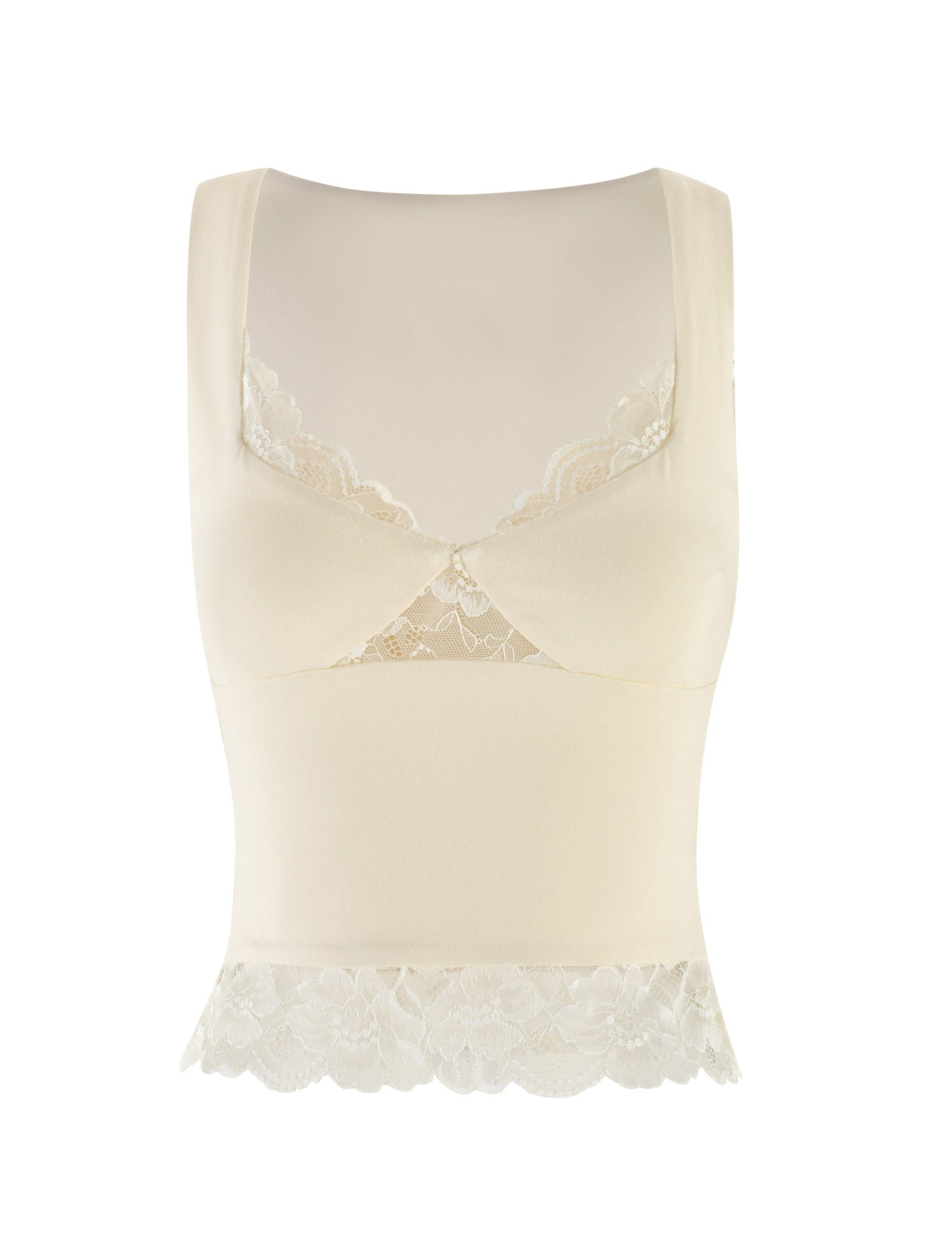The Dione Lace Top by Tigermist in soft butter yellow features a scoop neckline and elegant lace trim at the bust and hem. Made from jersey fabric, it provides a bodycon fit for both comfort and style.