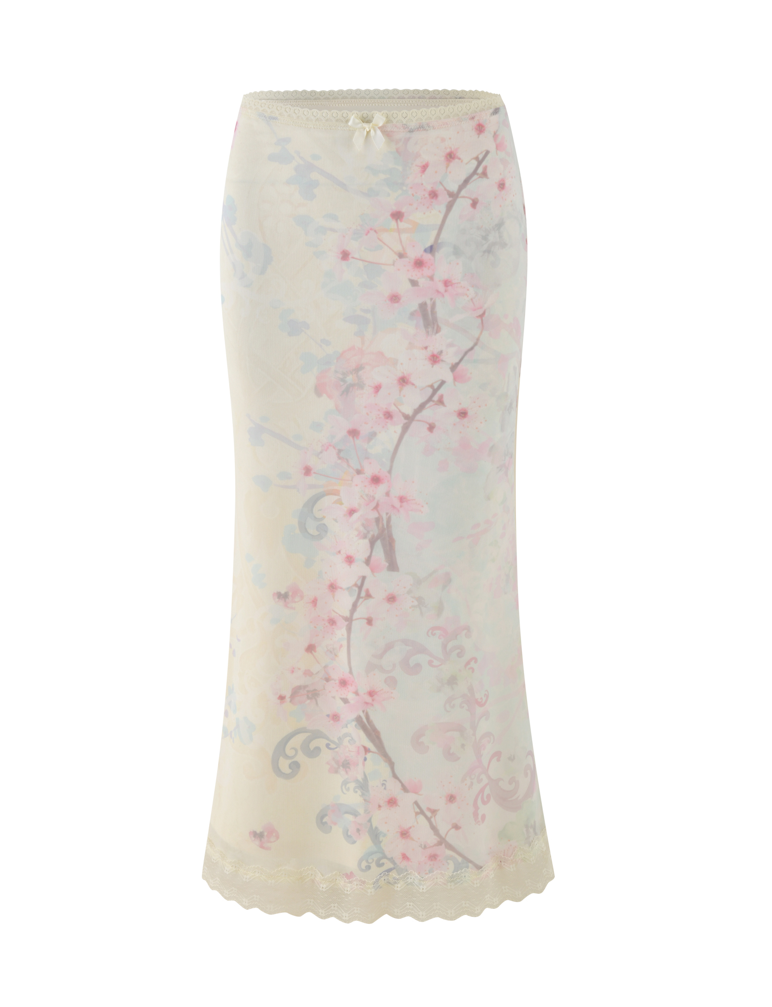The TIGERMIST LONIE MIDI SKIRT in Neutral features a sheer cream mesh with exclusive pink and blue washed cherry blossom florals, lace trim at the hem and waistband, and a decorative bow at the waist.