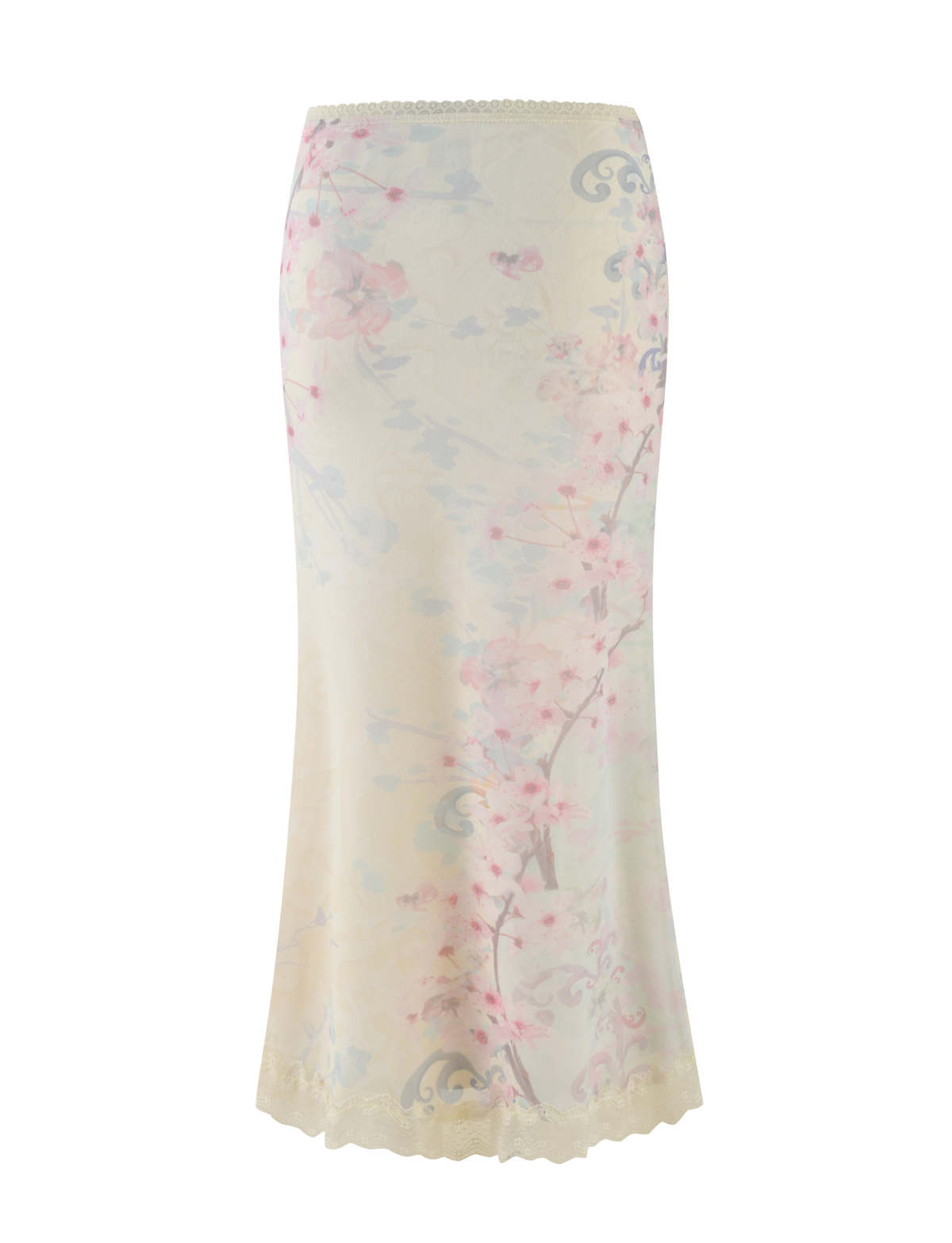 The TIGERMIST LONIE MIDI SKIRT in Neutral features a washed cherry blossom floral print in soft pink and blue, with a fitted waist, gentle flare, and delicate lace trim along the waist and hem.