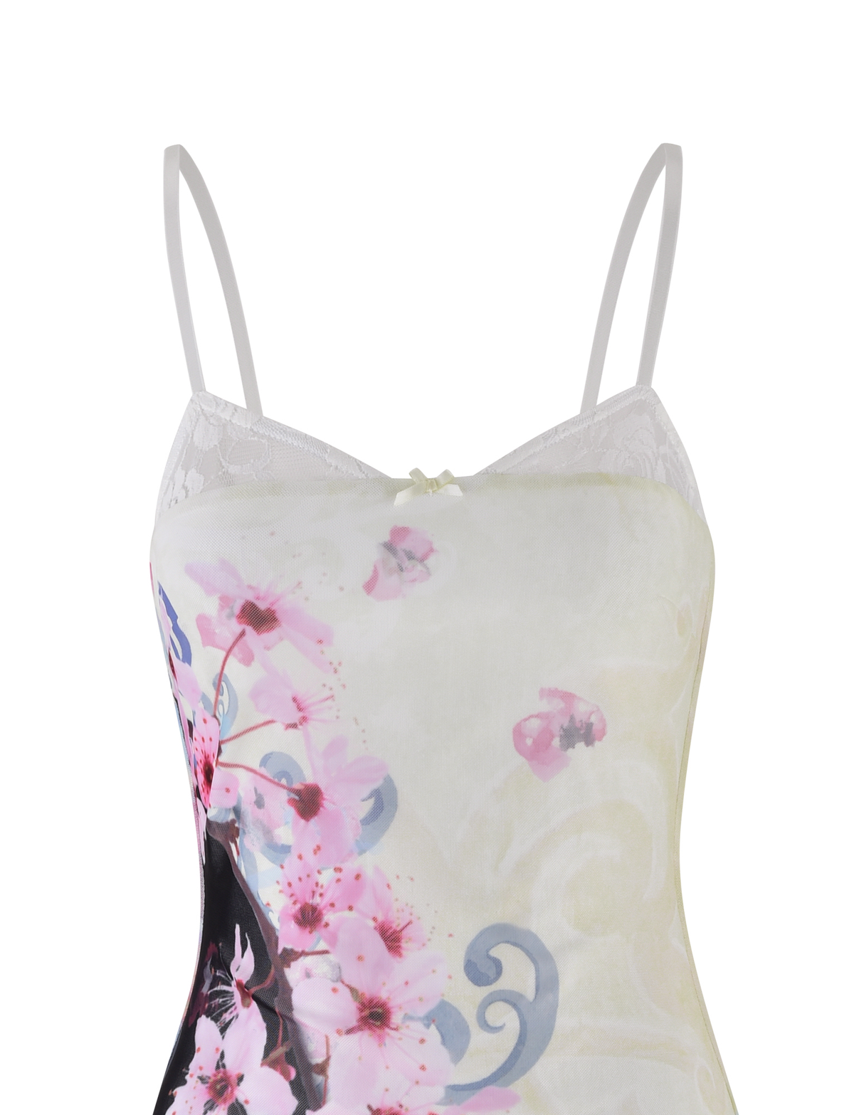A close-up of the TIGERMIST COLSON MESH MINI DRESS—sleeveless, with thin straps, a cherry blossom floral print, subtle swirl patterns on a light background, and delicate lace panels.