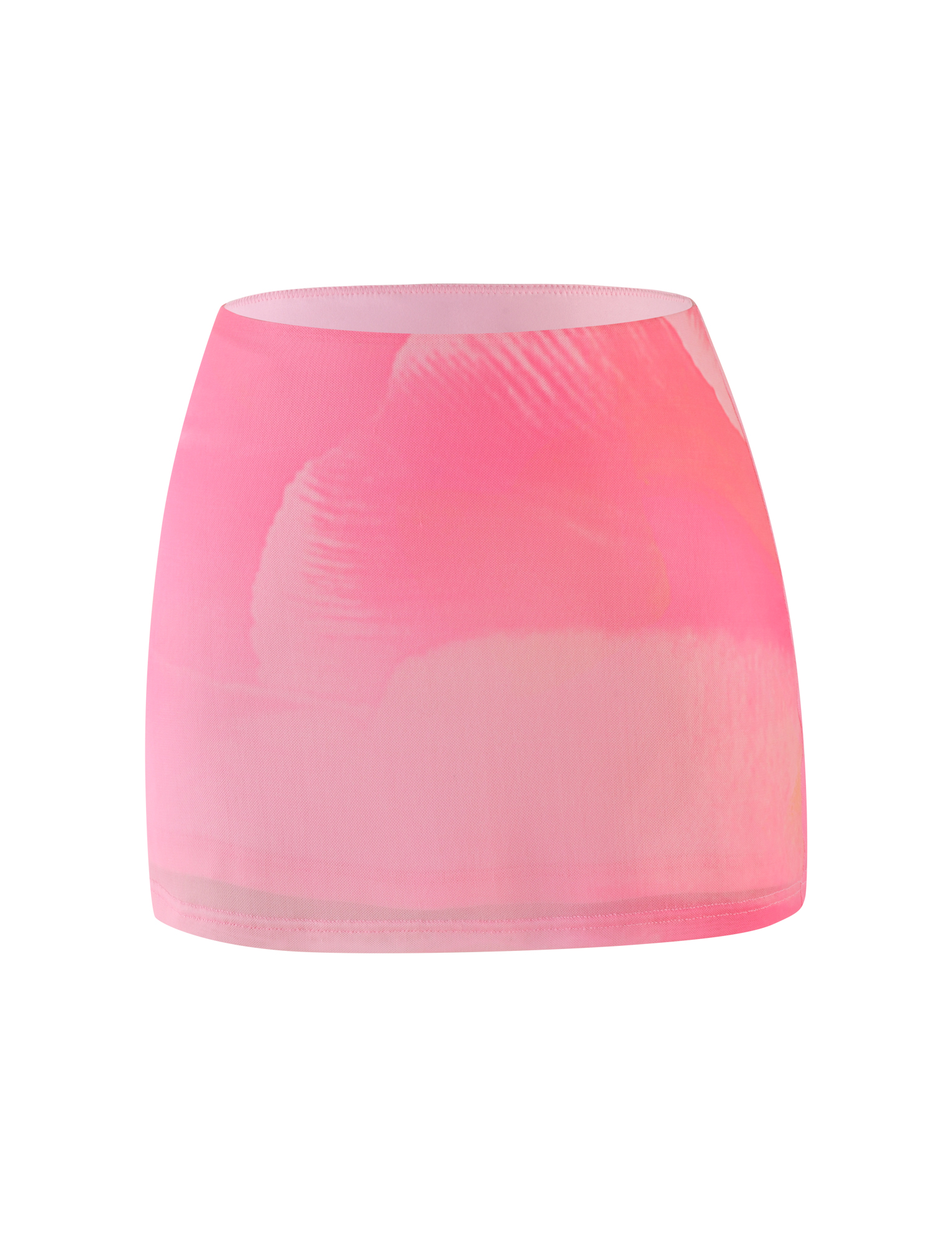 The TIGERMIST SARIAH MINI SKIRT in Macro Floral Pink Blossom features a soft gradient, abstract details, and pink blossom print on high-stretch fabric, shown against a plain white background.