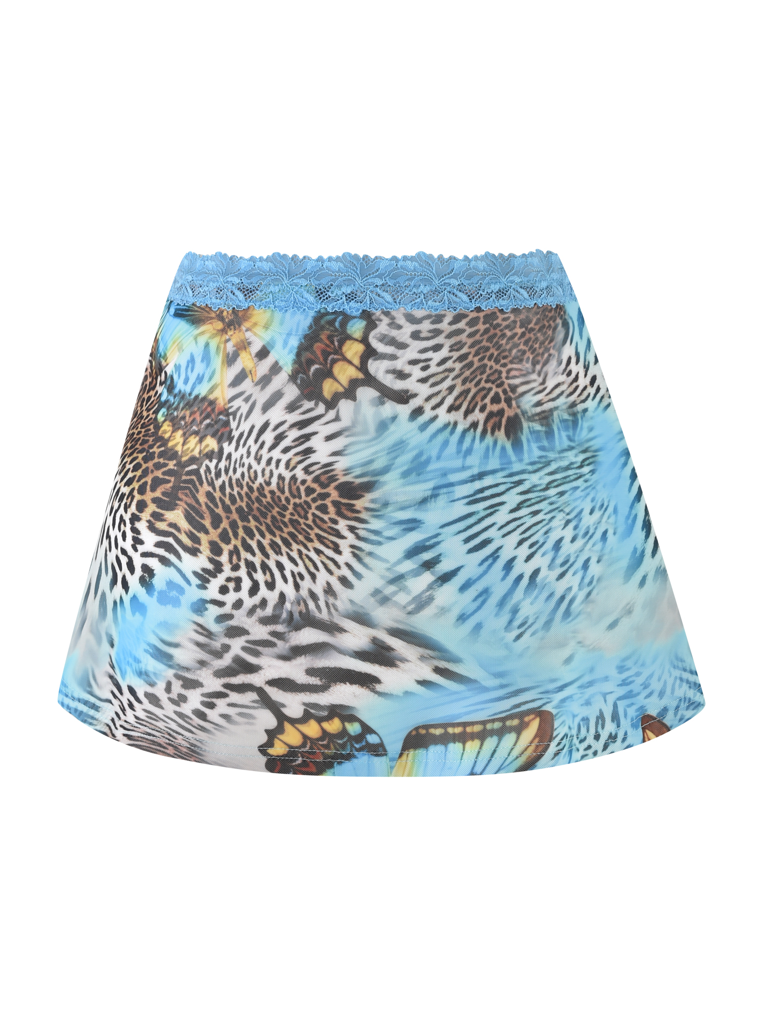 The TIGERMIST FINLEA MINI SKIRT in multi features a vibrant butterfly and animal print with an A-line cut and a delicate lace waistband for added charm.