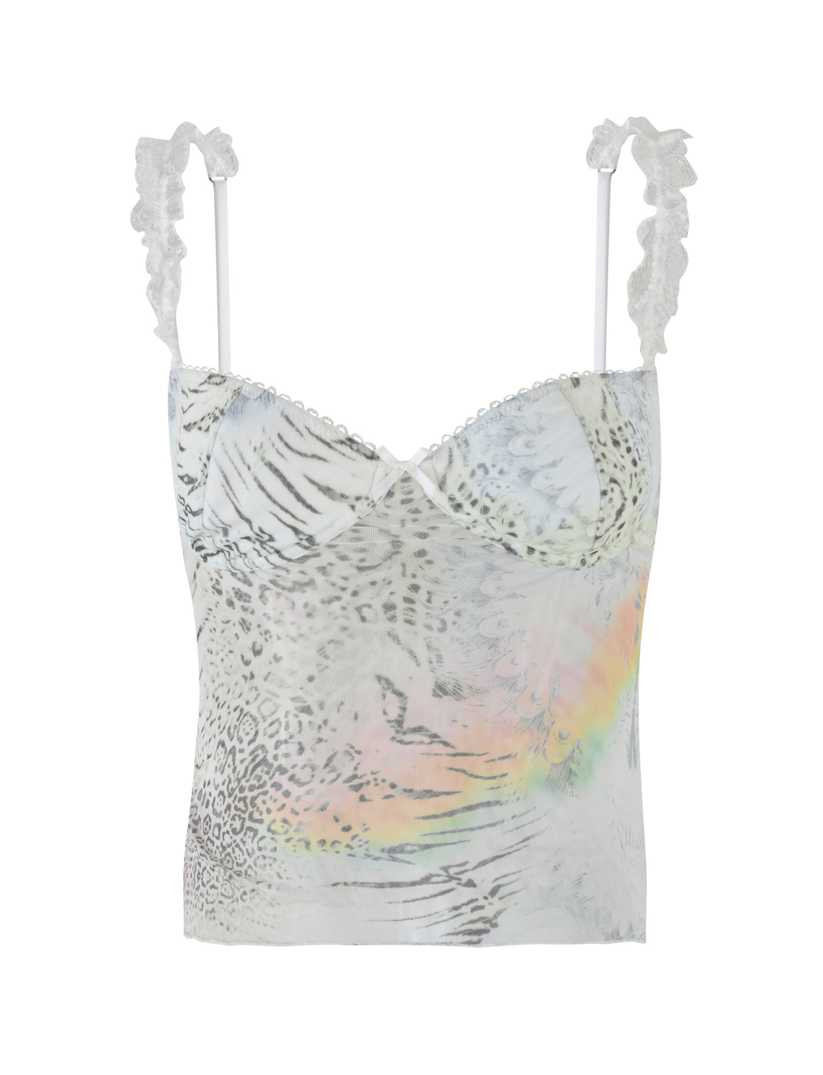 The JOSEPHINE TOP by TIGERMIST is a sleeveless, fitted white crop top with thin ruffled straps, subtle animal print, pastel rainbow sheen, and lace trim along the neckline.