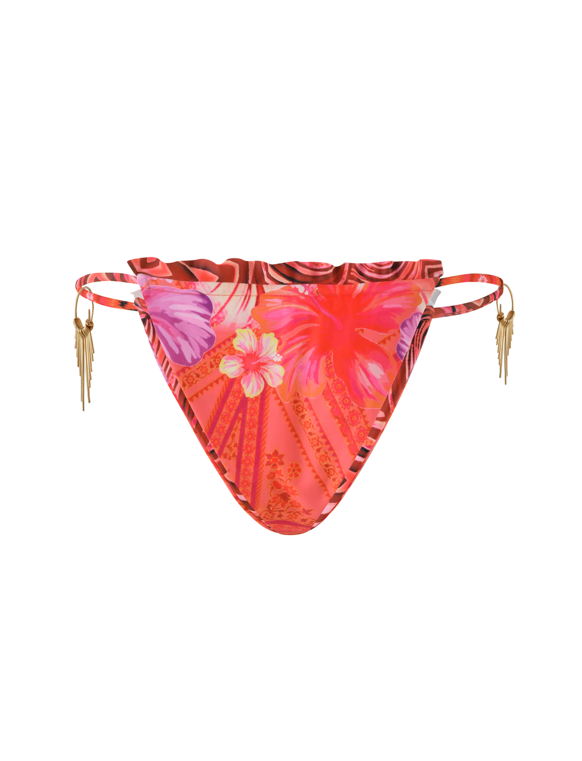The TIGERMIST CIANA BIKINI 2PC BOTTOM in Pink Tropical features a vibrant pink and red floral pattern, stretchy fabric, double side straps, and gold charms on each side, shown on a white background.