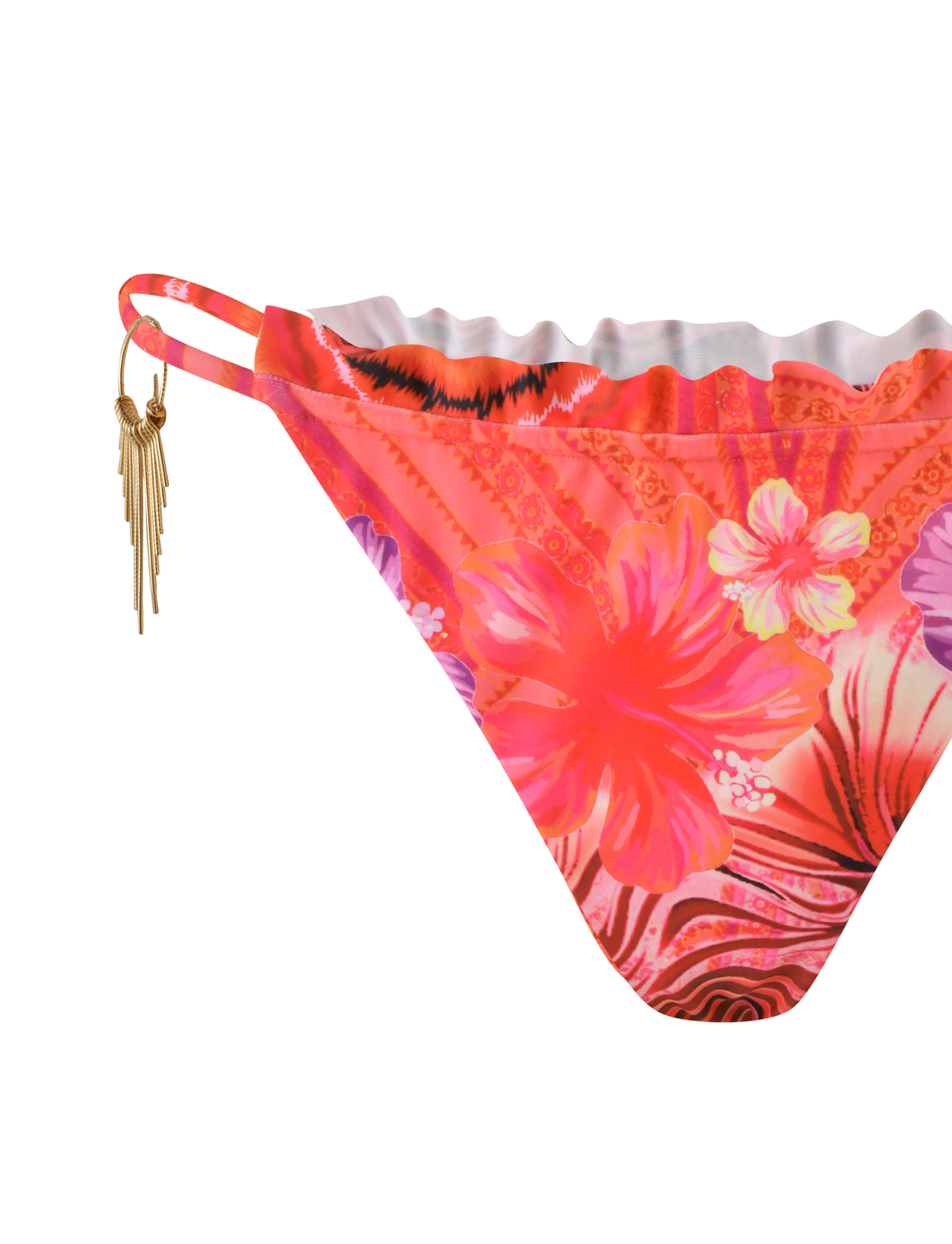 The CIANA BIKINI 2PC BOTTOM by TIGERMIST features a pink tropical floral design with double side straps and a gold fringe charm. Crafted from stretchy fabric, it's perfect for mixing and matching with your favorite swimwear. Displayed on a white background.