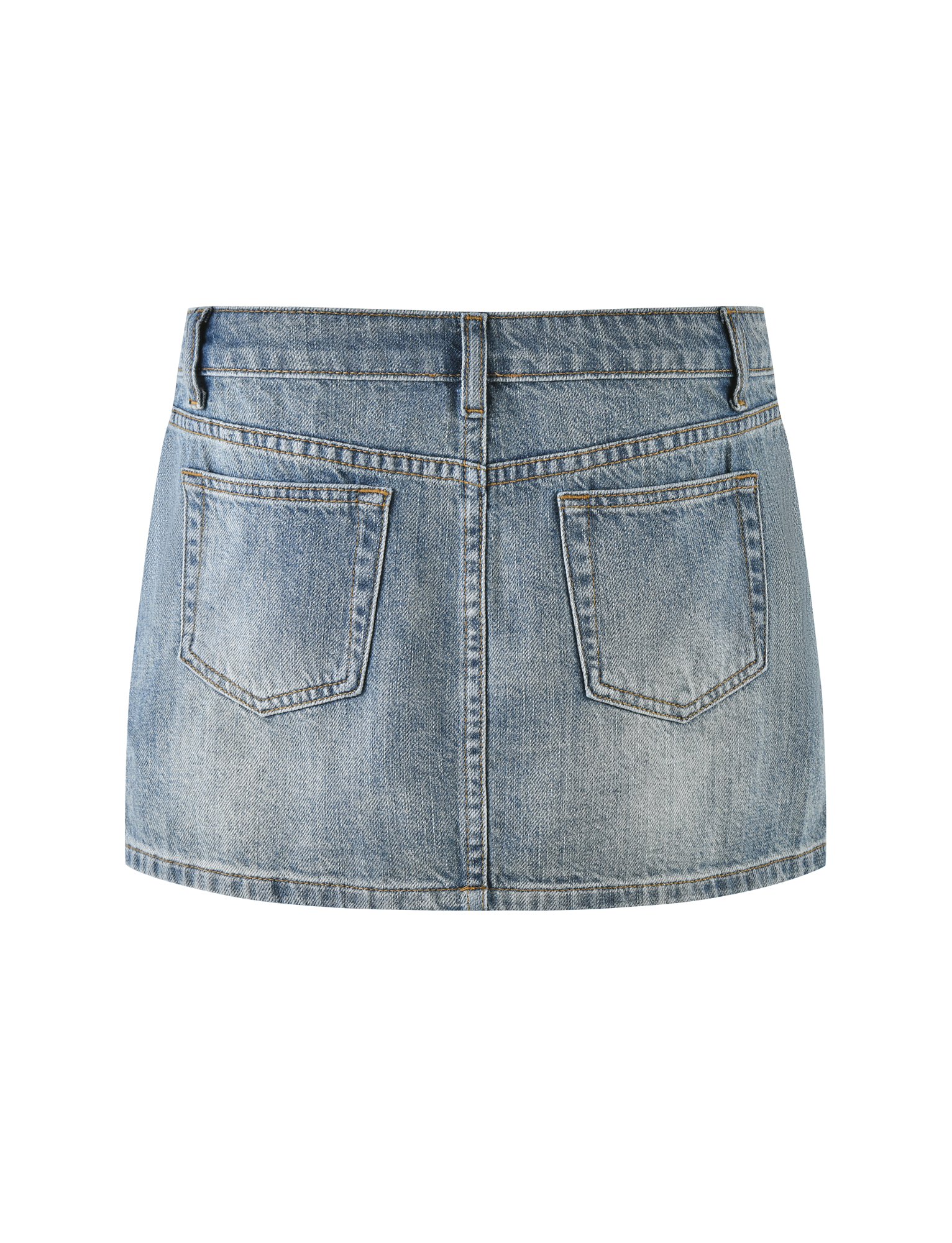 Back view of the TIGERMIST MICHAYLA MINI SKIRT - MID WASH, made from rigid light blue denim with two back pockets, belt loops, and visible stitching.