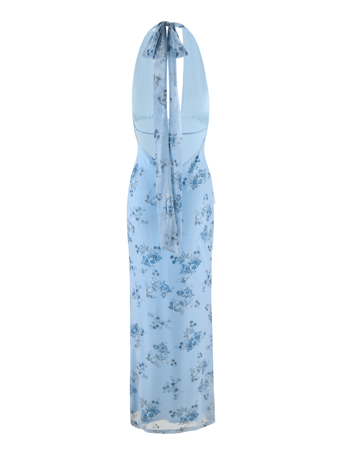 The PHAEDRA MAXI DRESS by TIGERMIST features a light blue floral print, halter neck with long ribbon tie, sleeveless and backless design, with the ribbon draping down the open back.