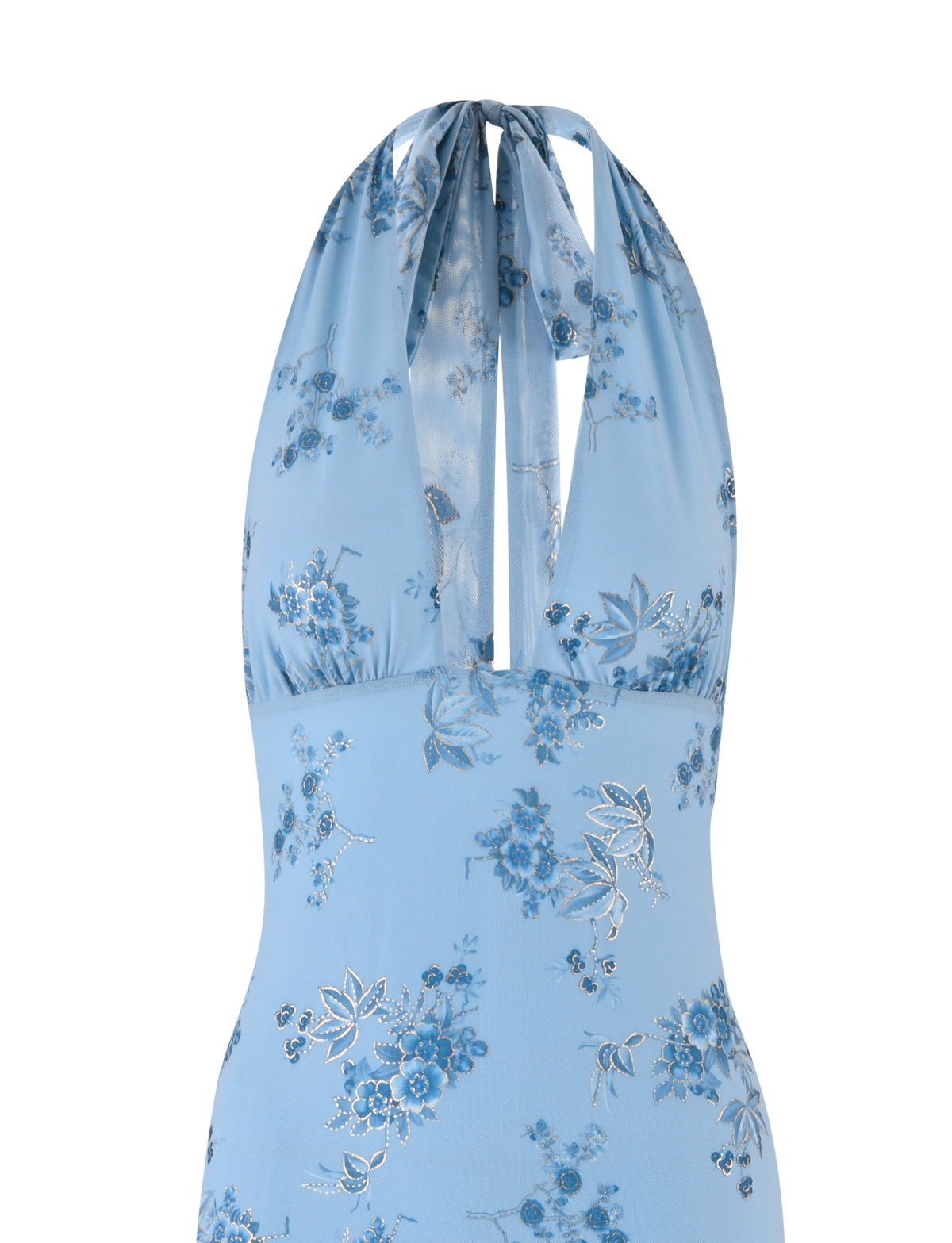 A close-up of the TIGERMIST PHAEDRA MAXI DRESS in blue floral, showcasing a halter neck, deep V-neckline, sheer fabric with silver accents, and a hint of a low open back for an elegant look.