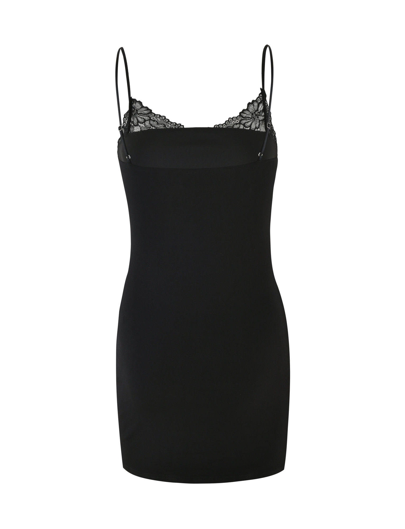 The FAELINA MINI DRESS by TIGERMIST is a black jersey mini dress with thin adjustable straps and lace neckline details, shown against a plain white background.