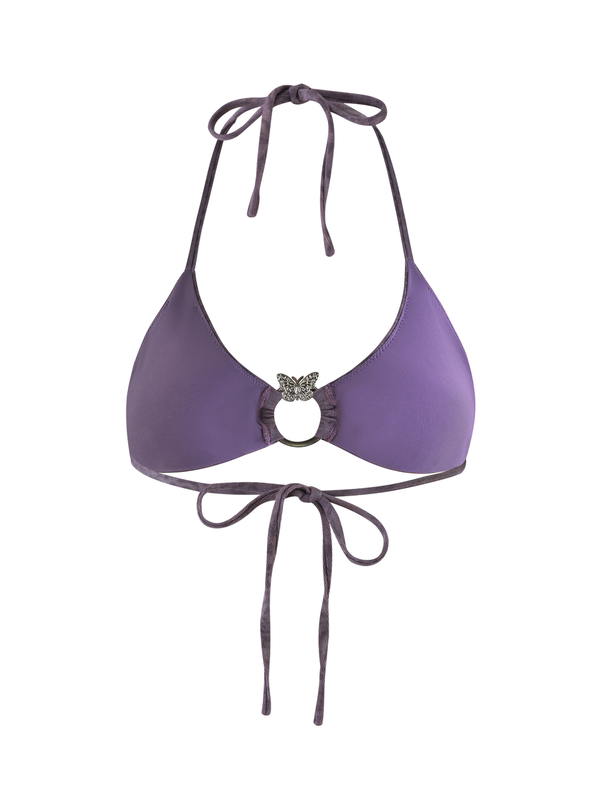 The TIGERMIST JESSALYN BIKINI TOP - PURPLE TIGER features adjustable neck and back ties with a sparkling silver butterfly pendant at the center front.