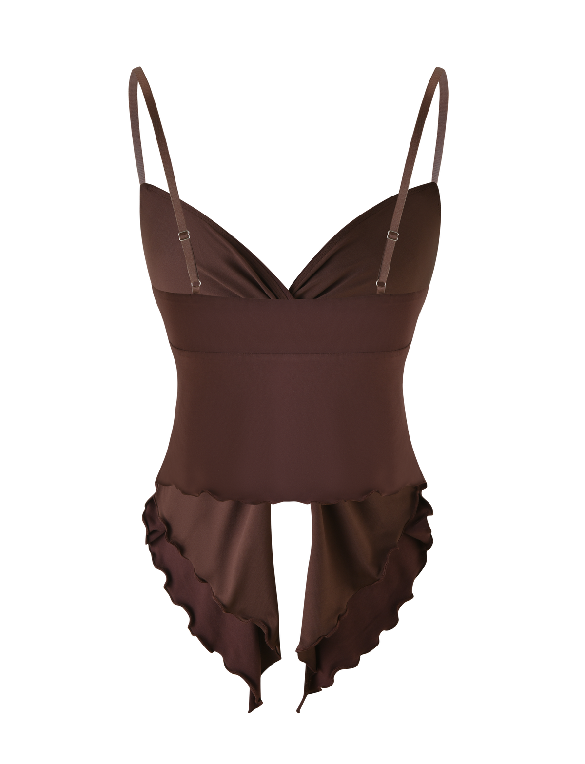 The TIGERMIST JOVIENNE TOP - BROWN : CHOCOLATE is a fitted jersey camisole bodysuit with adjustable straps, ruffled bottom trim, and smooth, stretchy fabric for an elegant, feminine look.