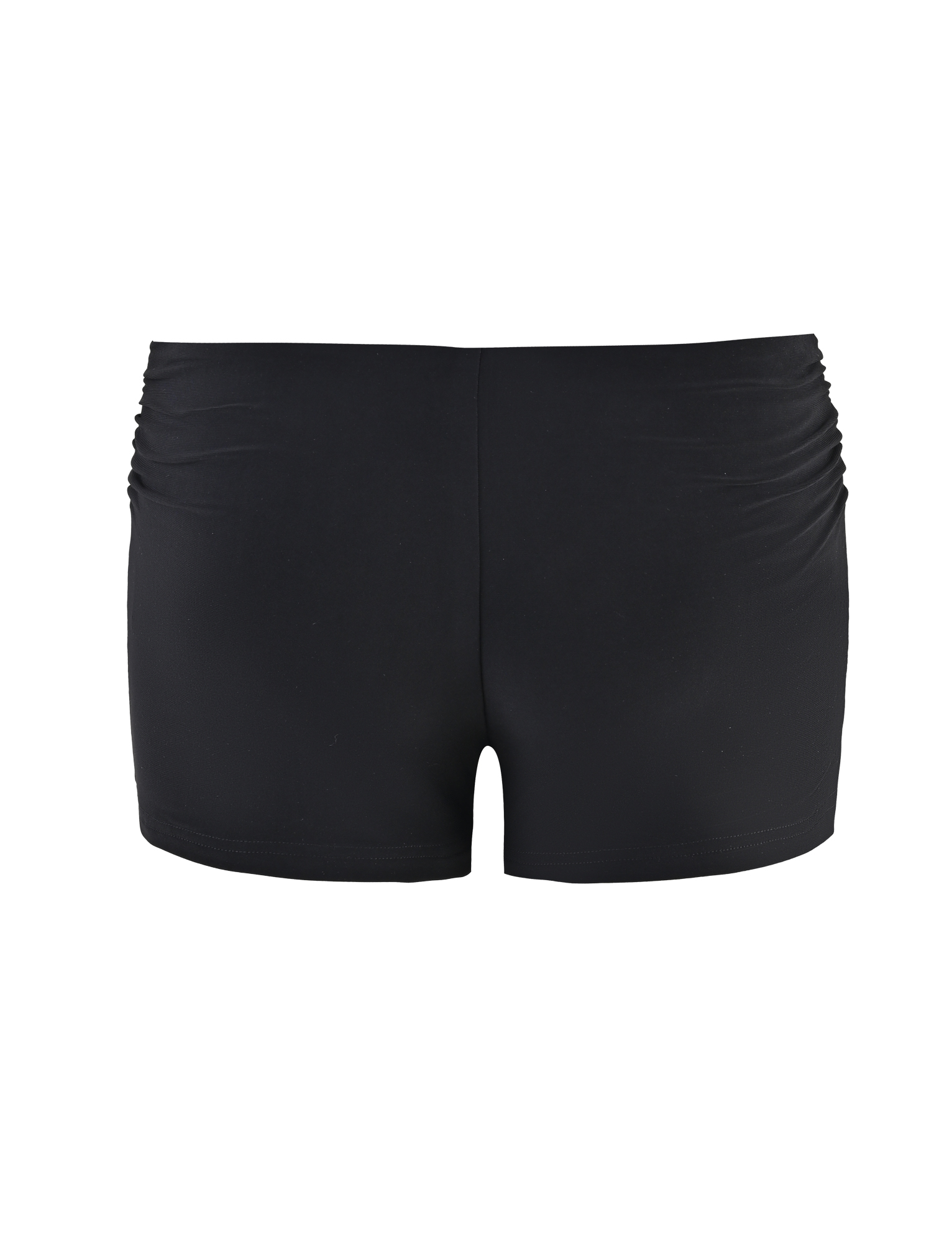 The TIGERMIST JOVIENNE SHORT - BLACK features a black fitted silhouette, smooth fabric, mid-rise waist, and subtle gathered ruching at the sides near the waistband, shown from the back.