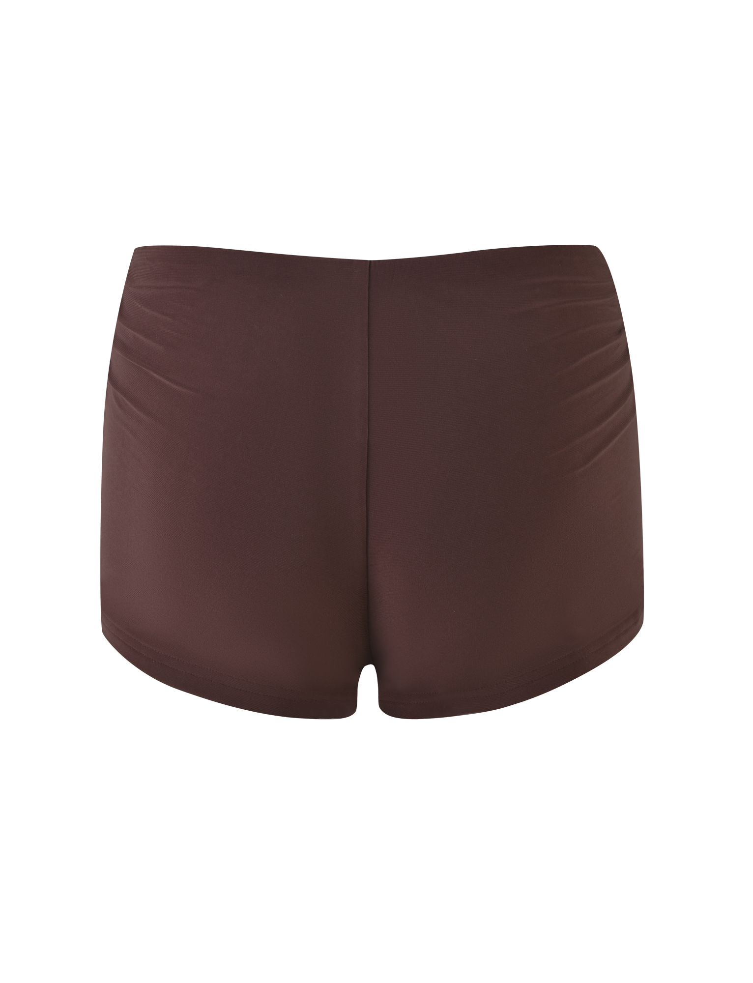 The JOVIENNE SHORT - BROWN : CHOCOLATE by TIGERMIST features high-waisted, chocolate brown jersey micro mini shorts made from high-stretch fabric, displayed from the back against a white background.