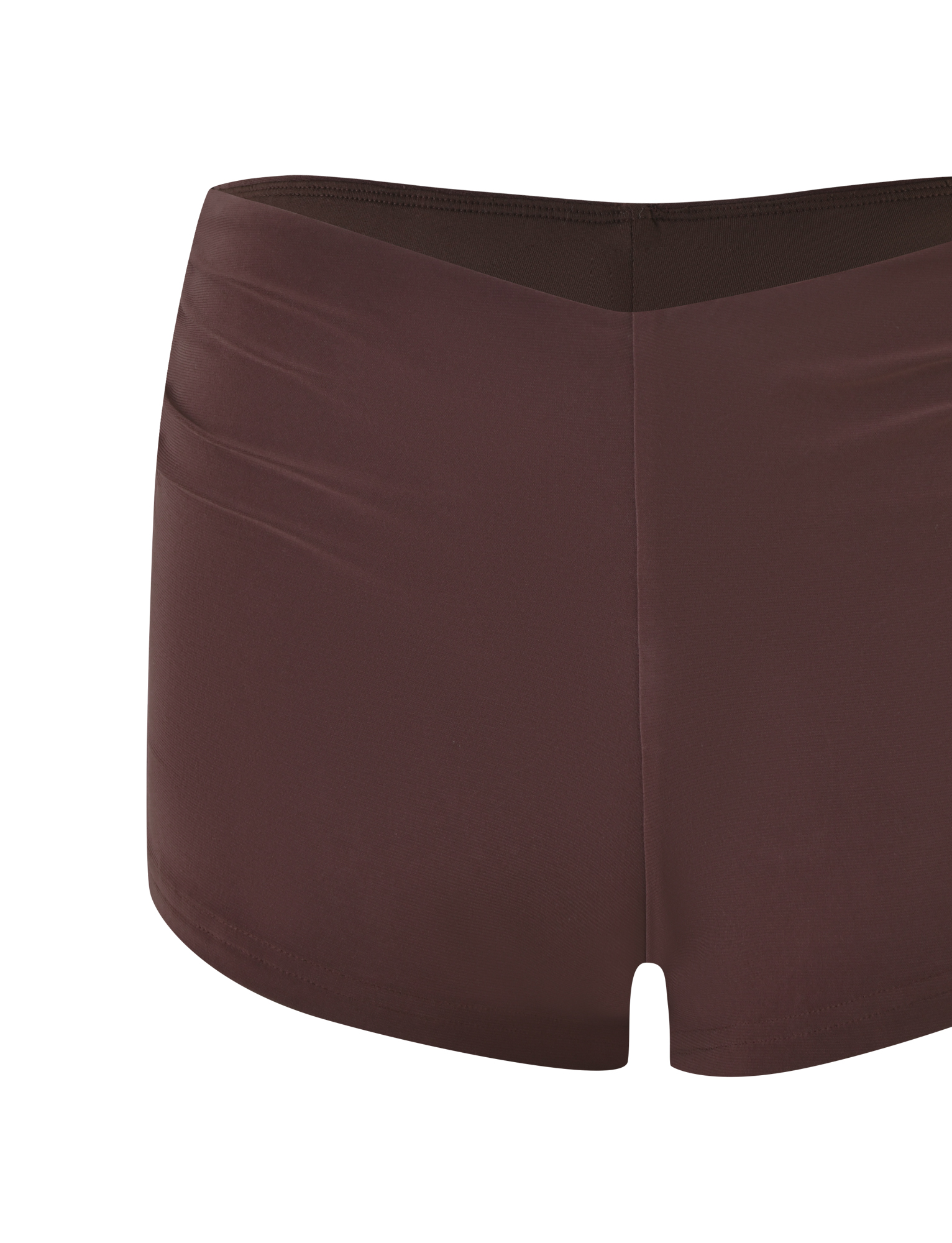The JOVIENNE SHORT - BROWN : CHOCOLATE by TIGERMIST are high-waisted, micro mini women’s swim shorts in chocolate brown stretch jersey, shown against a plain white background.