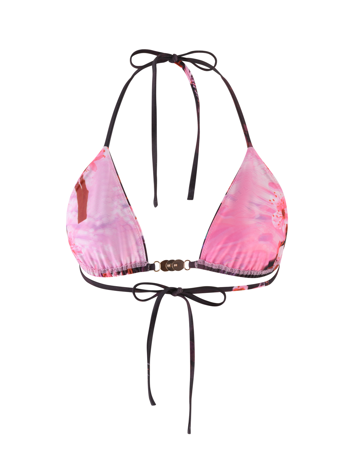 The JOVANNA BIKINI TOP - MULTI : ANIMAL : ANIMAL FLORAL BORDER by TIGERMIST is a pink and purple triangle bikini top with black tie straps, crafted in slinky elastane and featuring a small metal front clasp.