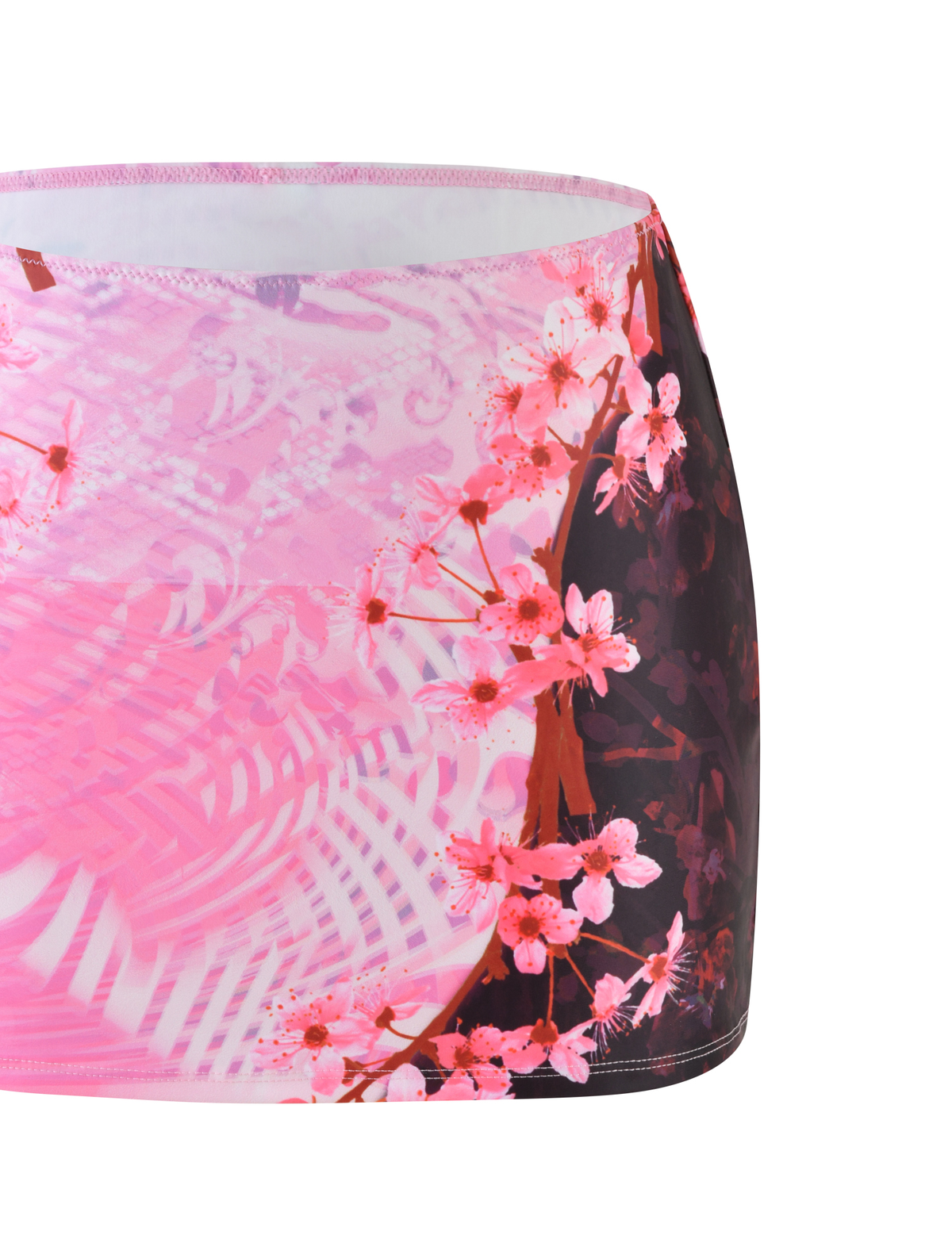 A close-up of the TIGERMIST JOVANNA MINI SKIRT in MULTI, showcasing an exclusive animal floral border print with abstract designs on a white background.