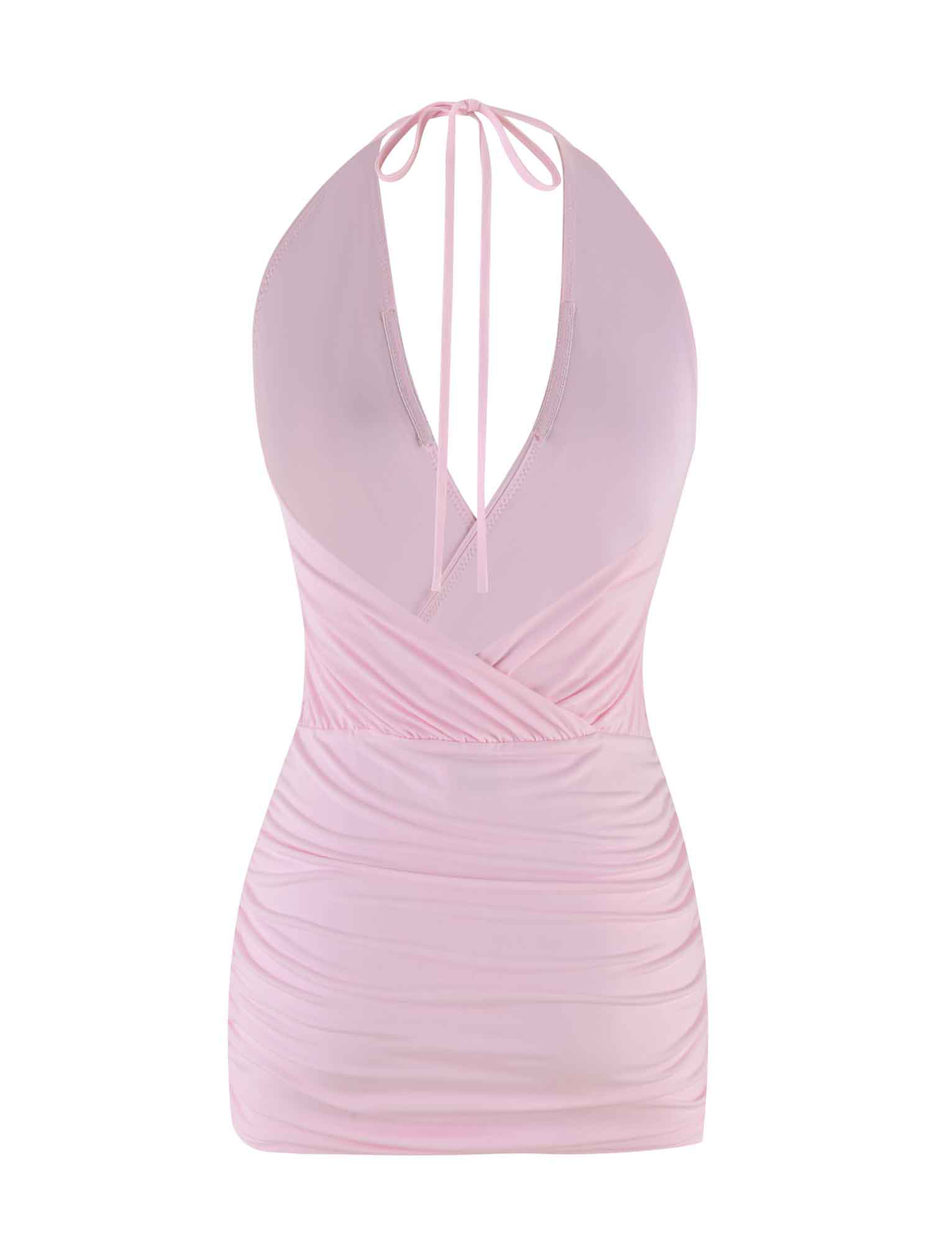 The ANABELLE MINI DRESS in baby pink by TIGERMIST features a halter neck, deep V neckline, ruched sides, and wrap-style front with an open back and thin neck-tie straps, displayed on a plain white background.