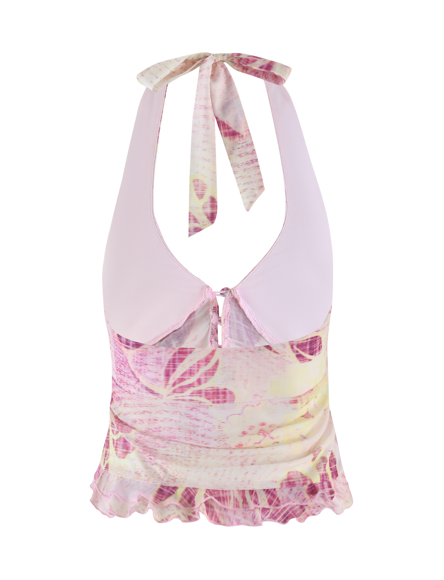 The TIGERMIST DALILA TOP in Grunge Floral Magenta is a sleeveless halter top with a deep neckline, wide collar, sheer pink and yellow floral print, neck tie, high-stretch fabric, and a ruffled hem.