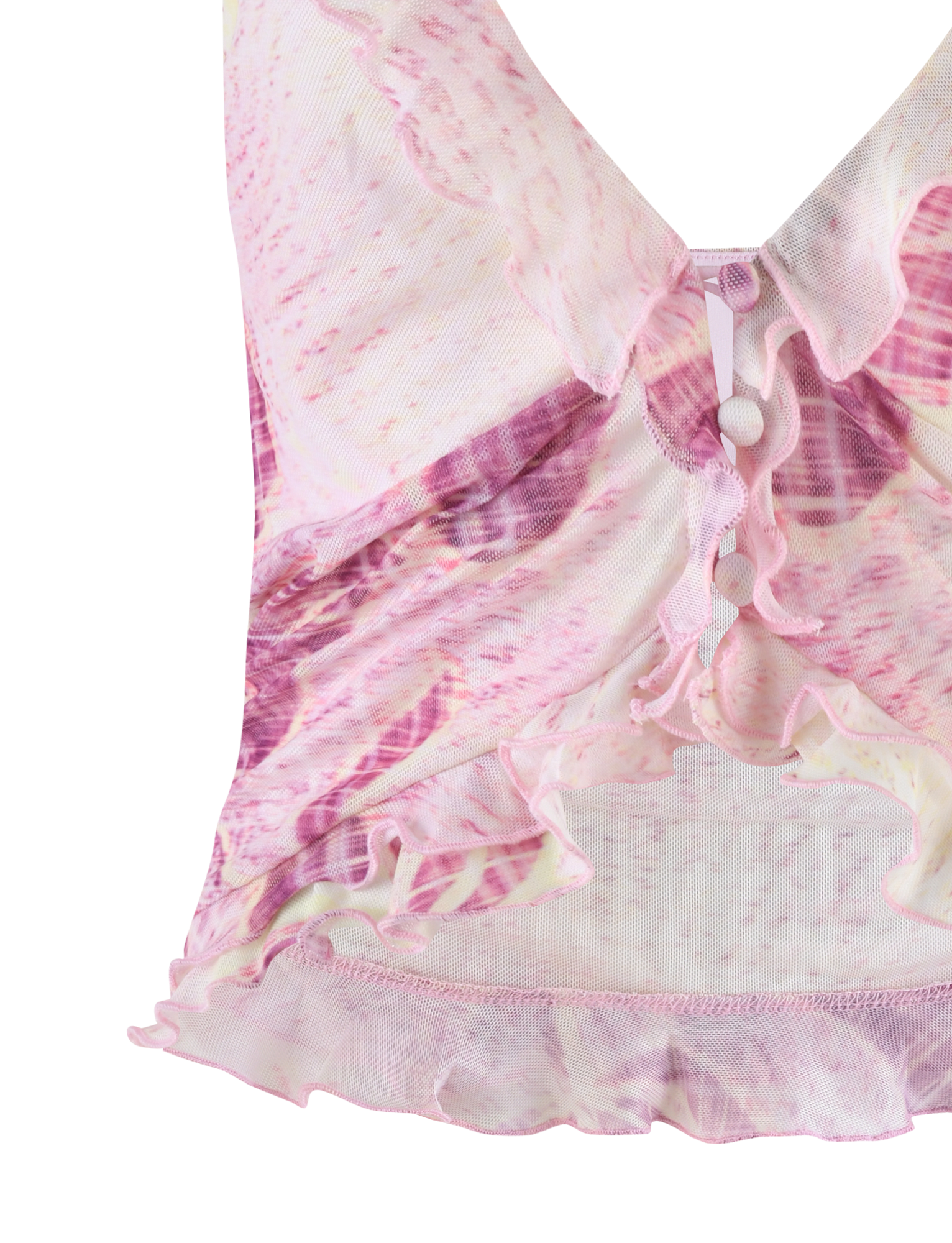 A close-up of the TIGERMIST DALILA TOP in Grunge Floral Magenta, showcasing its sheer fabric, exclusive pink and purple floral print, decorative buttons, and ruched frilled design.