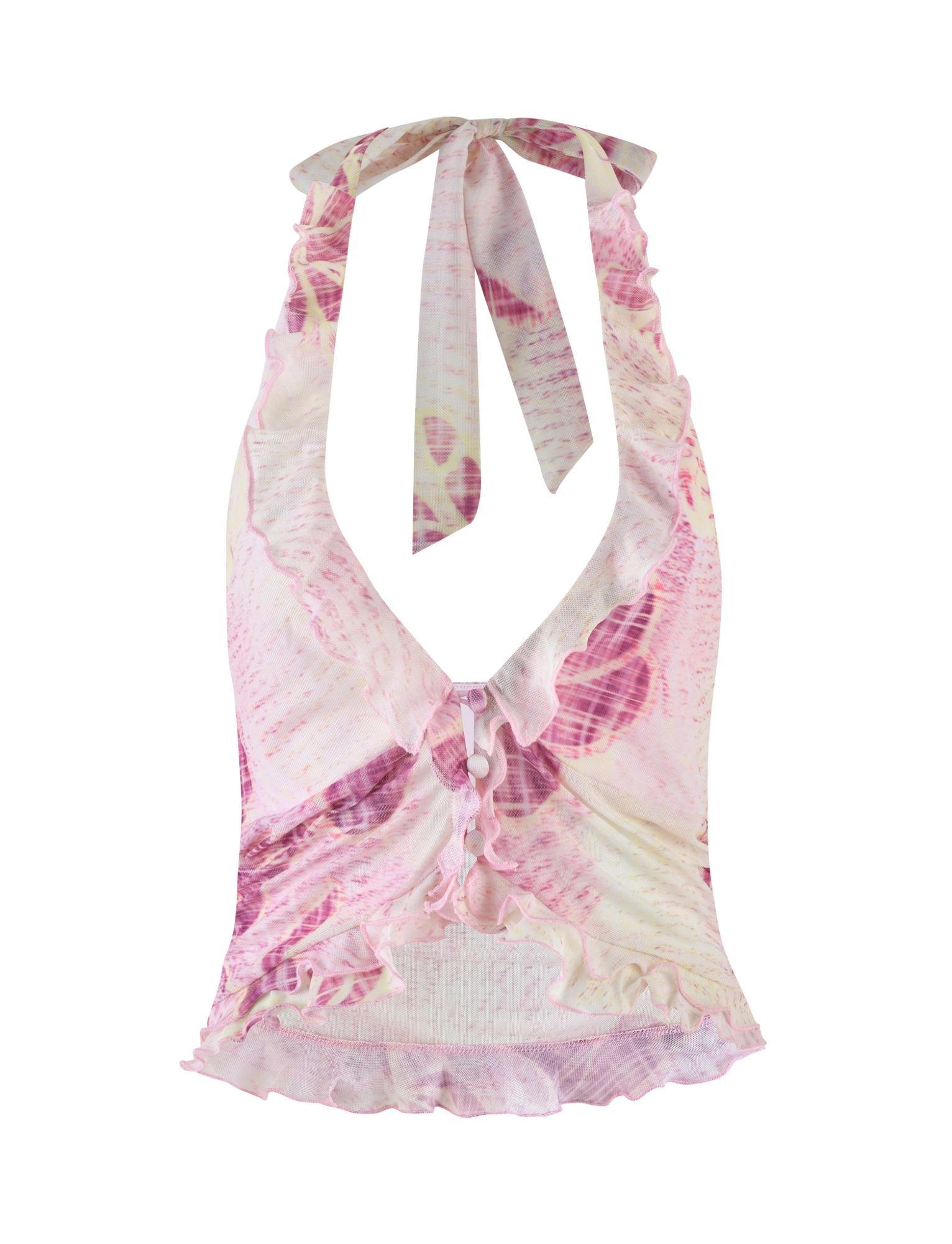 The DALILA TOP by TIGERMIST is a sleeveless halter-neck mesh top in Grunge Floral Magenta, featuring a plunging neckline, ruffled trim, ruched front with decorative drawstring, and high-stretch fabric for comfort.