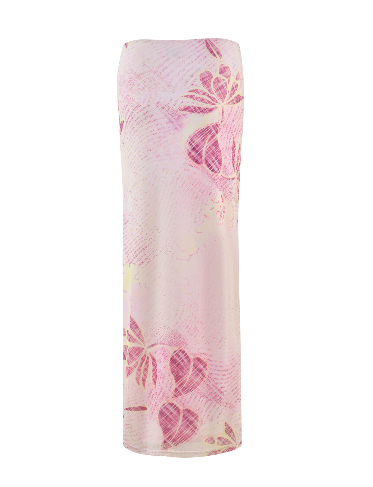 The DALILA MIDI SKIRT - GRUNGE FLORAL MAGENTA by TIGERMIST features a fitted silhouette in soft, flowy fabric with a pink and white grunge floral print and subtle leaf motifs.