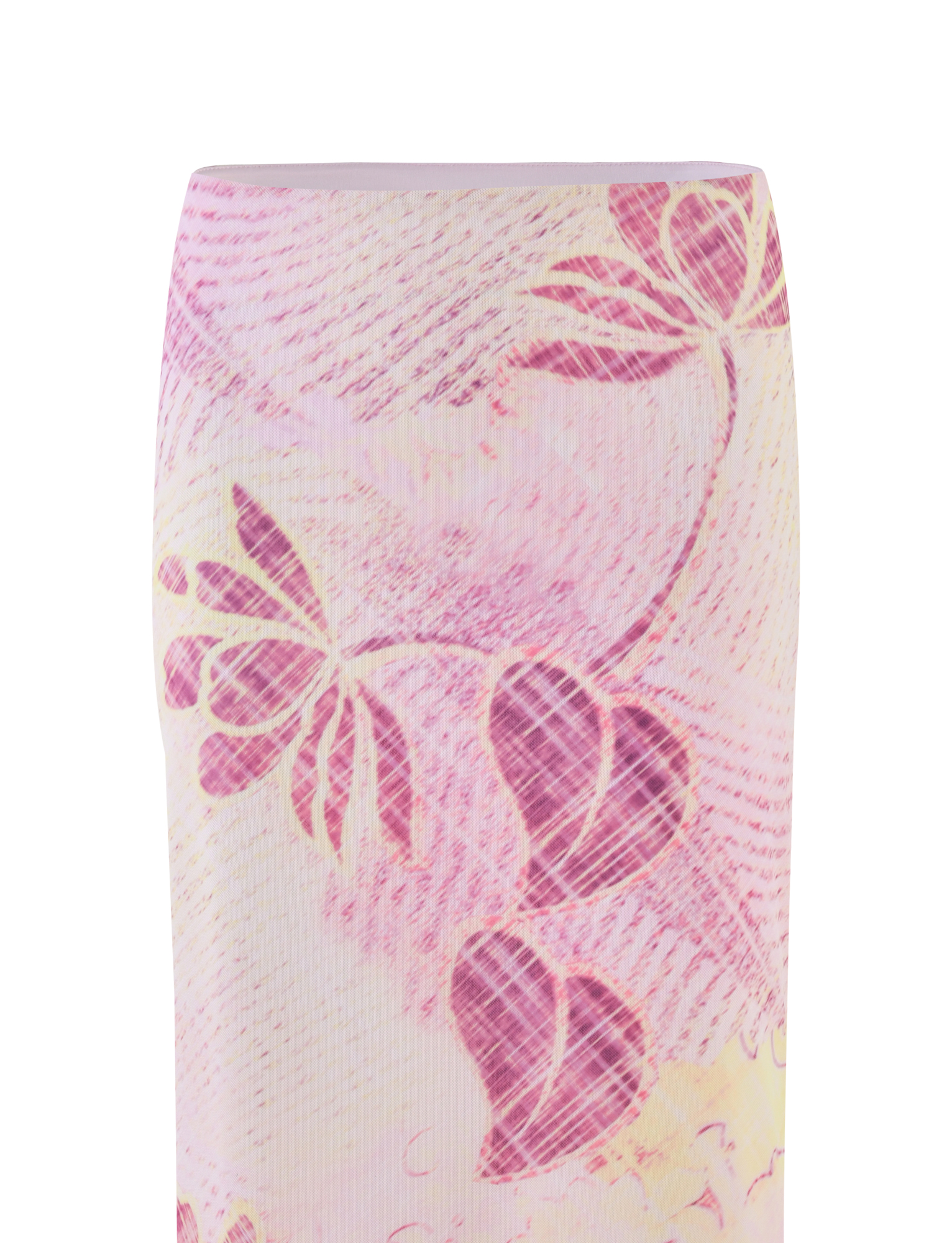 The DALILA MIDI SKIRT by TIGERMIST features a grunge floral magenta pattern with soft pink, yellow, and abstract leaves in textured brushstrokes over a white base.