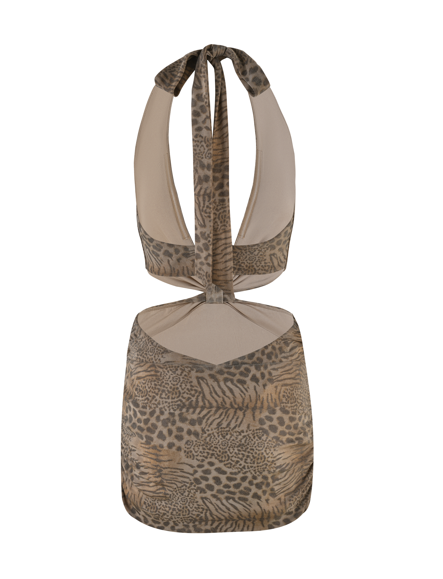 The EVANGELINE MINI DRESS - NEUTRAL TIGER by TIGERMIST features a neutral tiger print and is displayed on a white background.