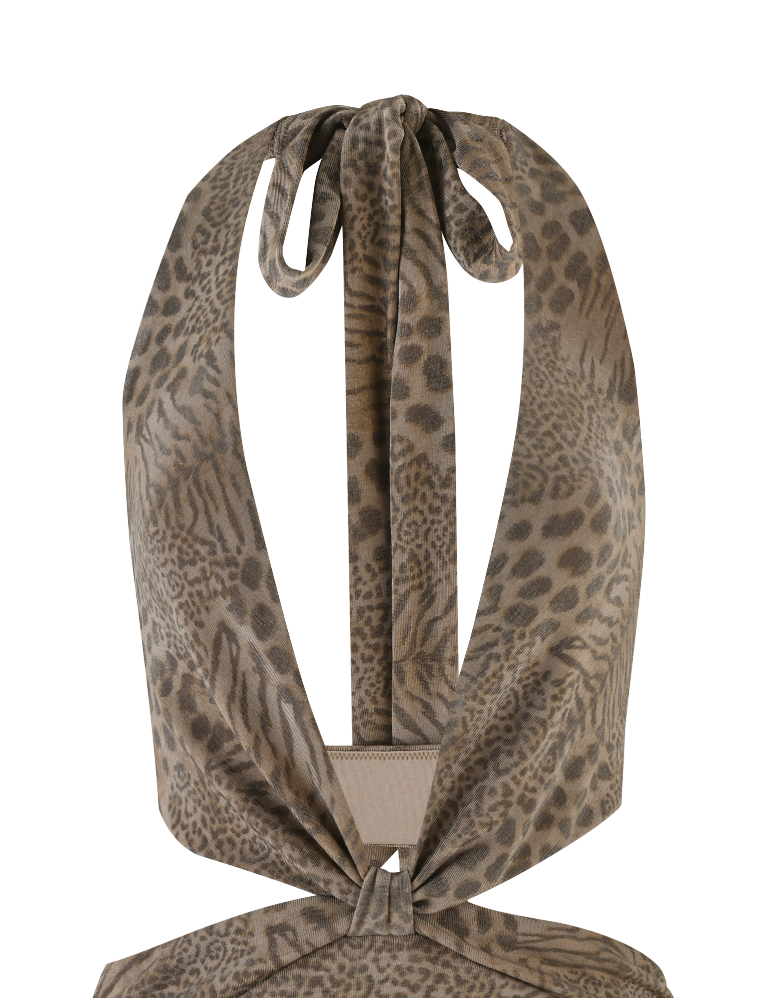 The EVANGELINE MINI DRESS by TIGERMIST features a halter neck, deep plunge neckline, neutral tiger print, open back with neck tie closure, and a flattering bodycon fit.