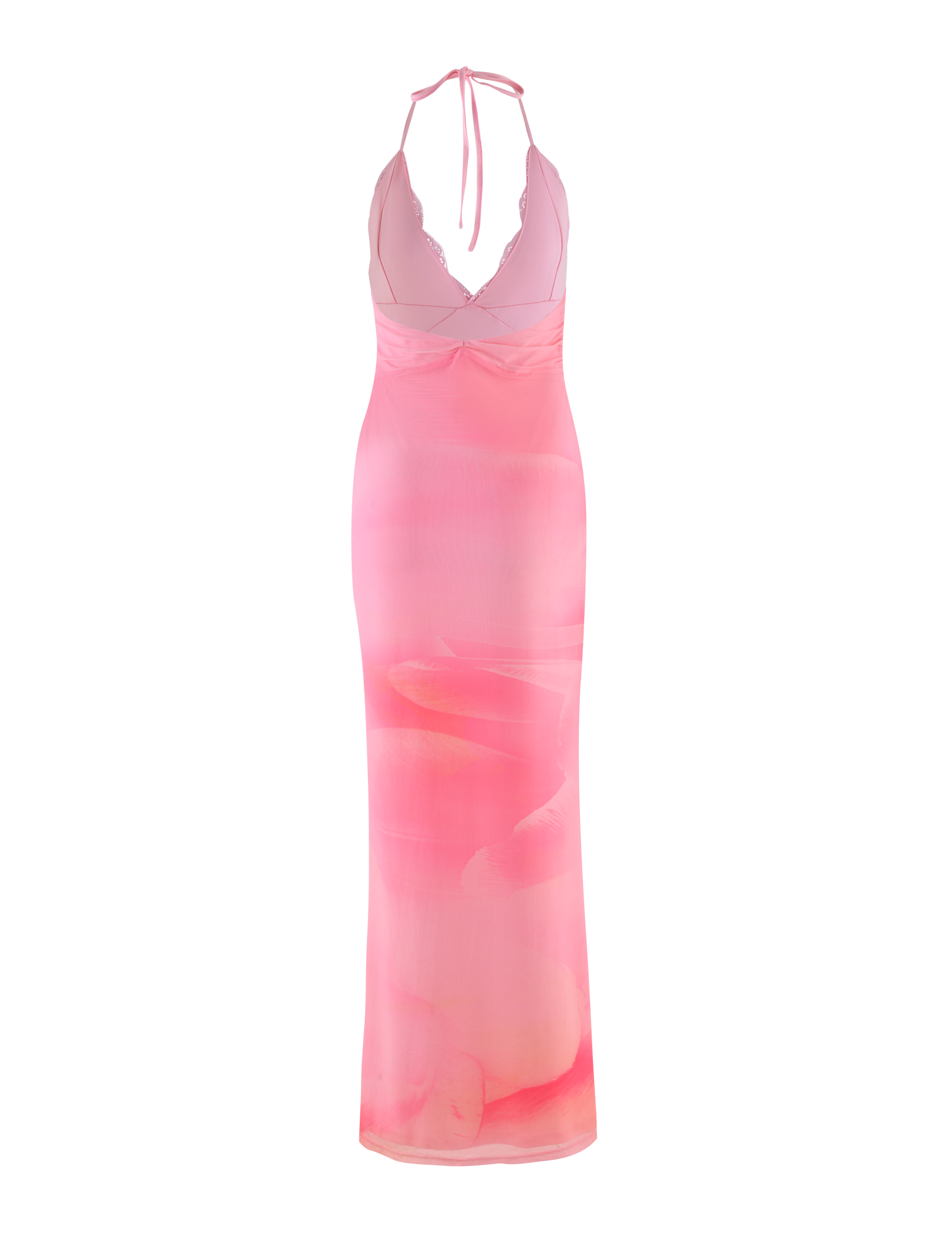 The TIGERMIST DENAE MAXI DRESS in Pink Blossom features sheer pink floral lace, a halter neckline, fitted bodice, and a long semi-transparent skirt, shown against a pink gradient background.