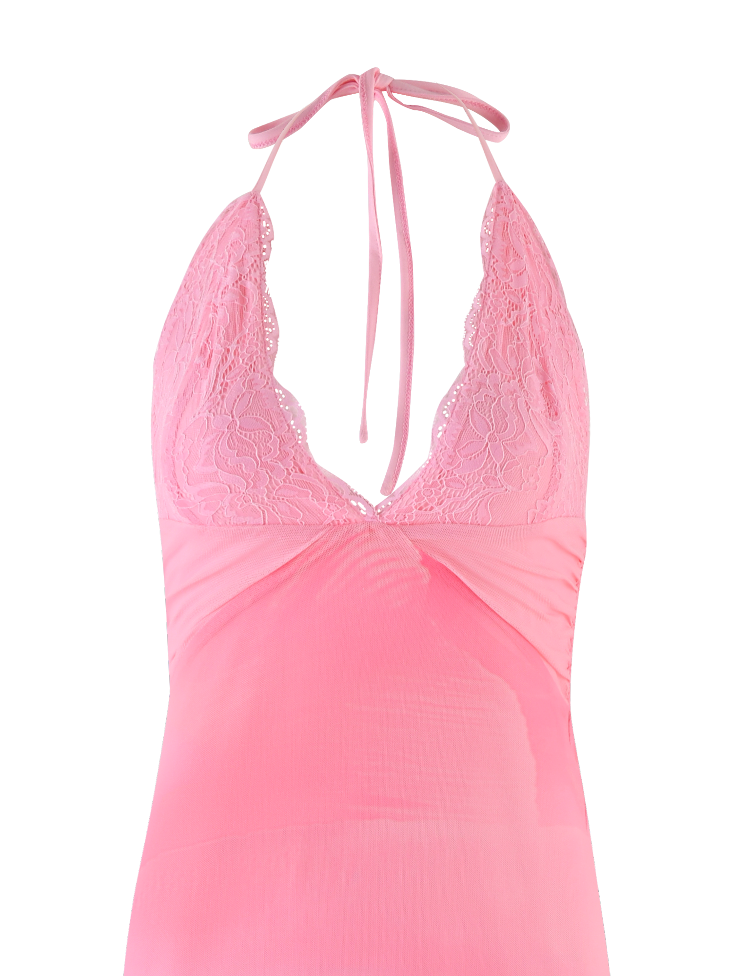 The DENAE MAXI DRESS - PINK BLOSSOM by TIGERMIST is a lace halter maxi dress in pink with a deep V-neckline, lace-detailed bodice, and smooth fitted fabric below.