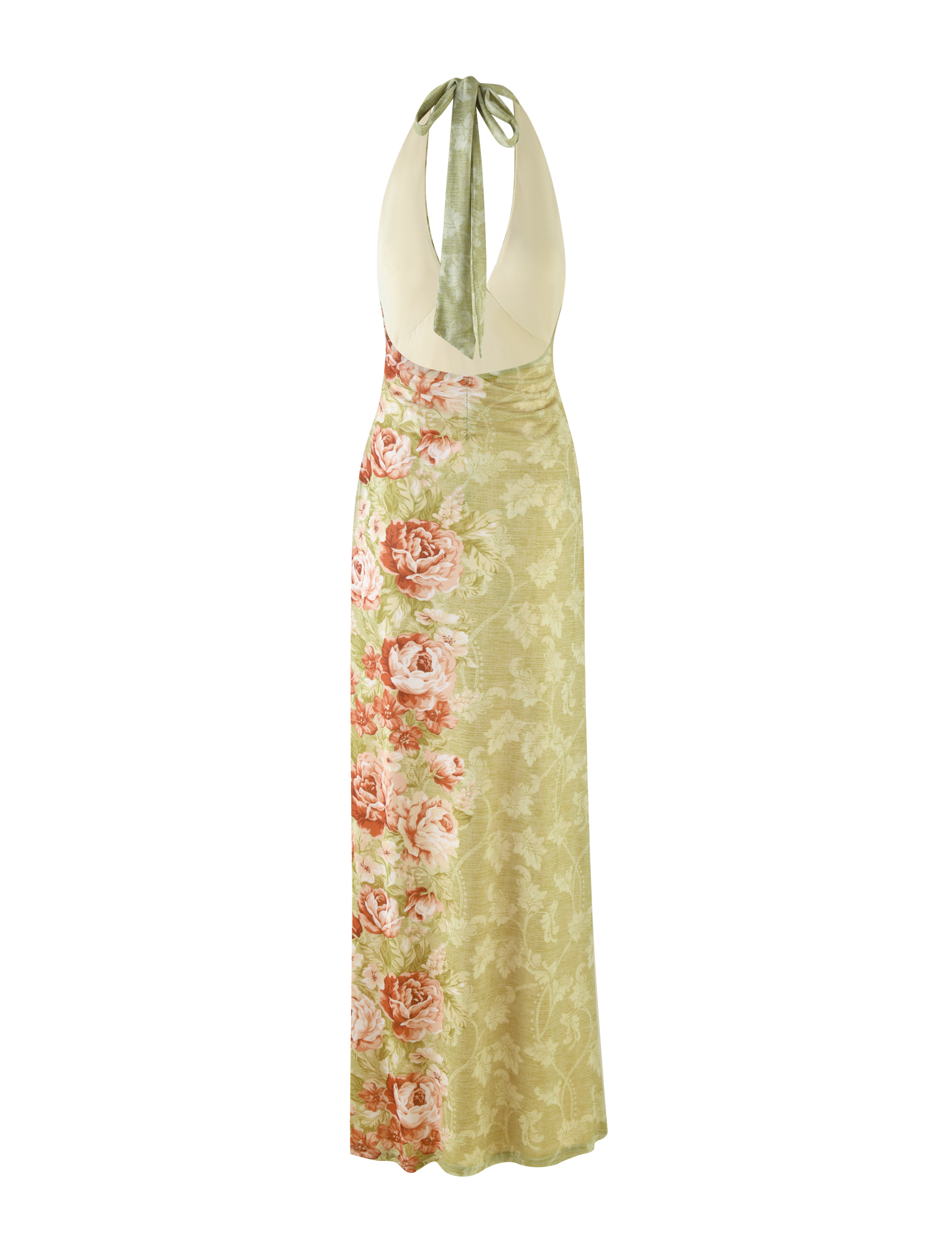 The TIGERMIST SIRENA MAXI DRESS is a sleeveless, backless halter-neck dress with a high split and chic floral rose stripe print in yellow, cream, pale green, and pink damask accents.