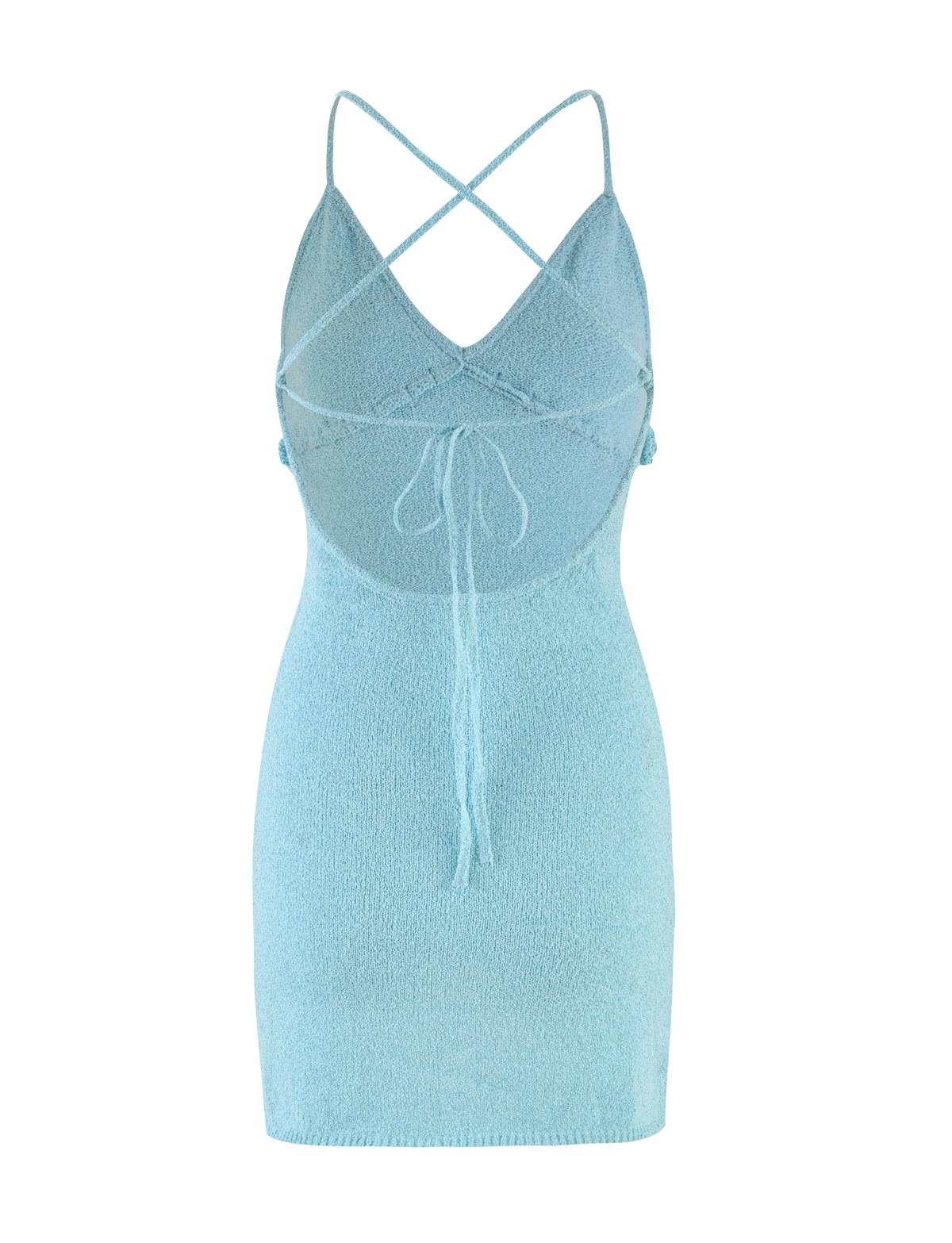 The TIGERMIST LAVELLE MINI DRESS - BLUE features a light blue textured fabric, sleeveless bodycon fit, adjustable criss cross straps, and a chic tie detail at the back.