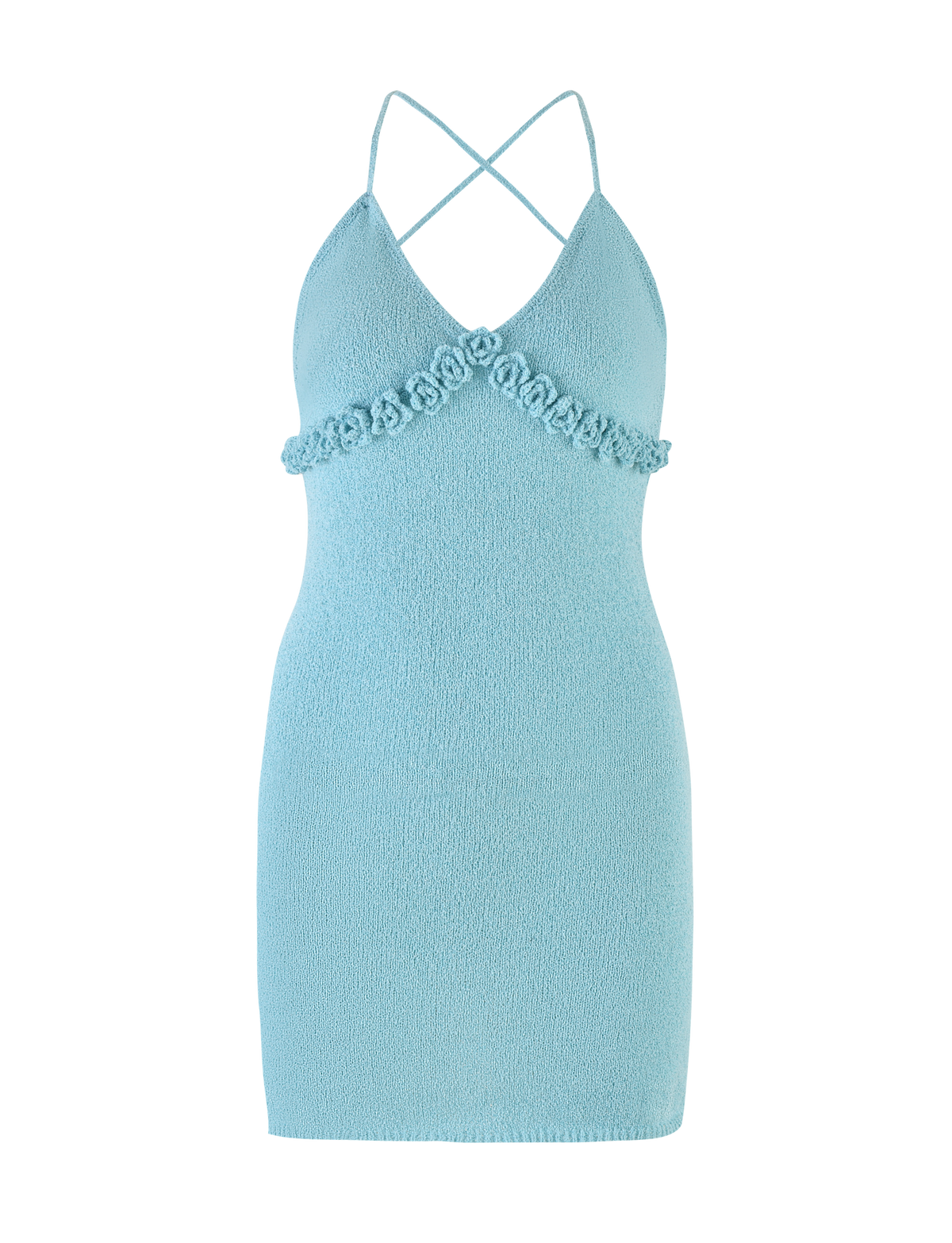 The TIGERMIST LAVELLE MINI DRESS - BLUE is a light blue, sleeveless bodycon mini dress with textured fabric, thin criss cross straps, and floral appliqué detail below the bust for a chic touch.