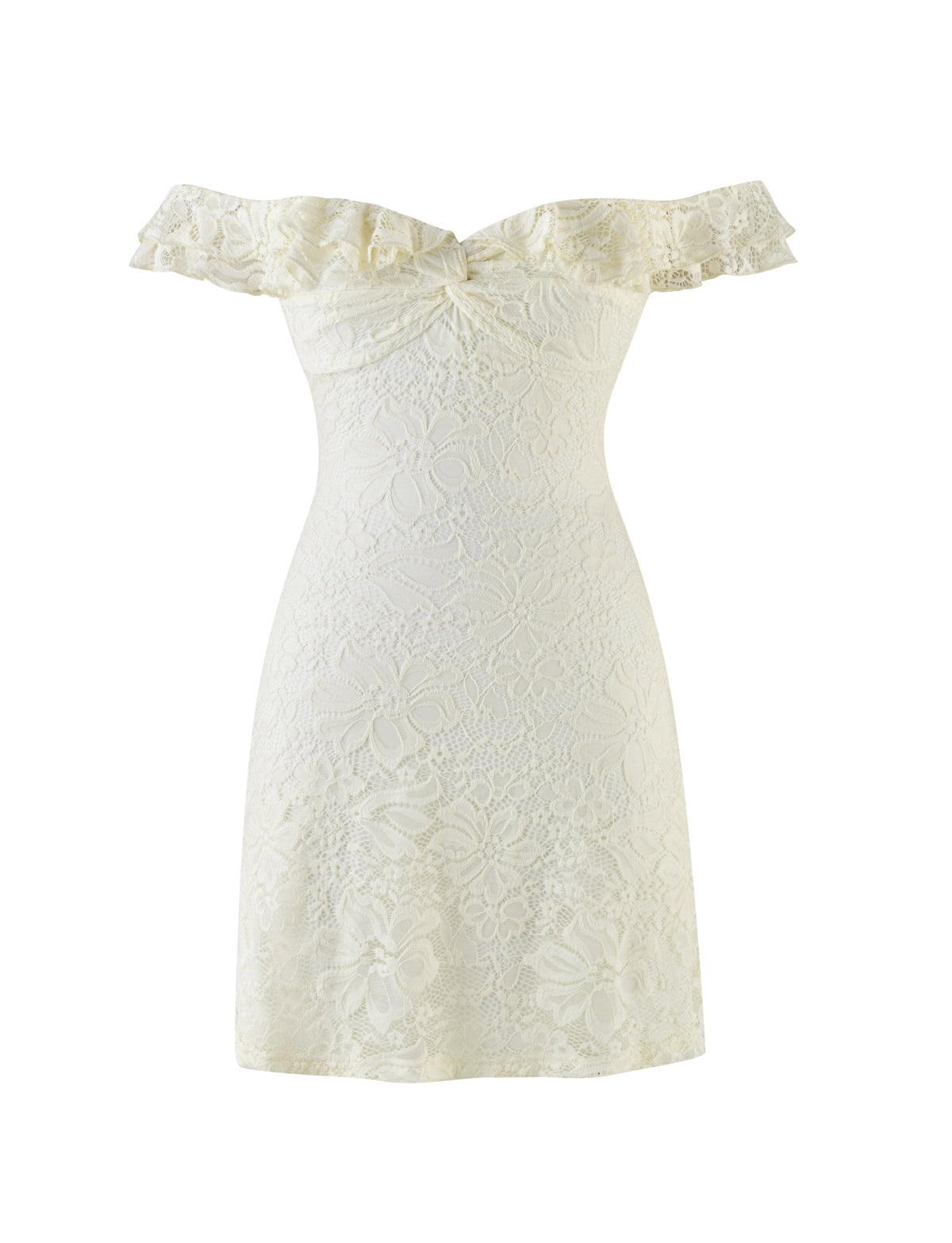 The DENALI LACE MINI DRESS by TIGERMIST features a cream lace design with an off-the-shoulder, ruffled neckline, fitted silhouette, and floral pattern for a delicate, feminine look perfect for any occasion.