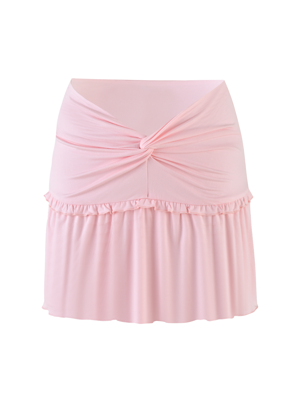 The KATYA MINI SKIRT by TIGERMIST in pale pink features a knotted waistband and subtle ruffle trim, crafted from soft, slightly stretchy jersey fabric for a gentle drape.