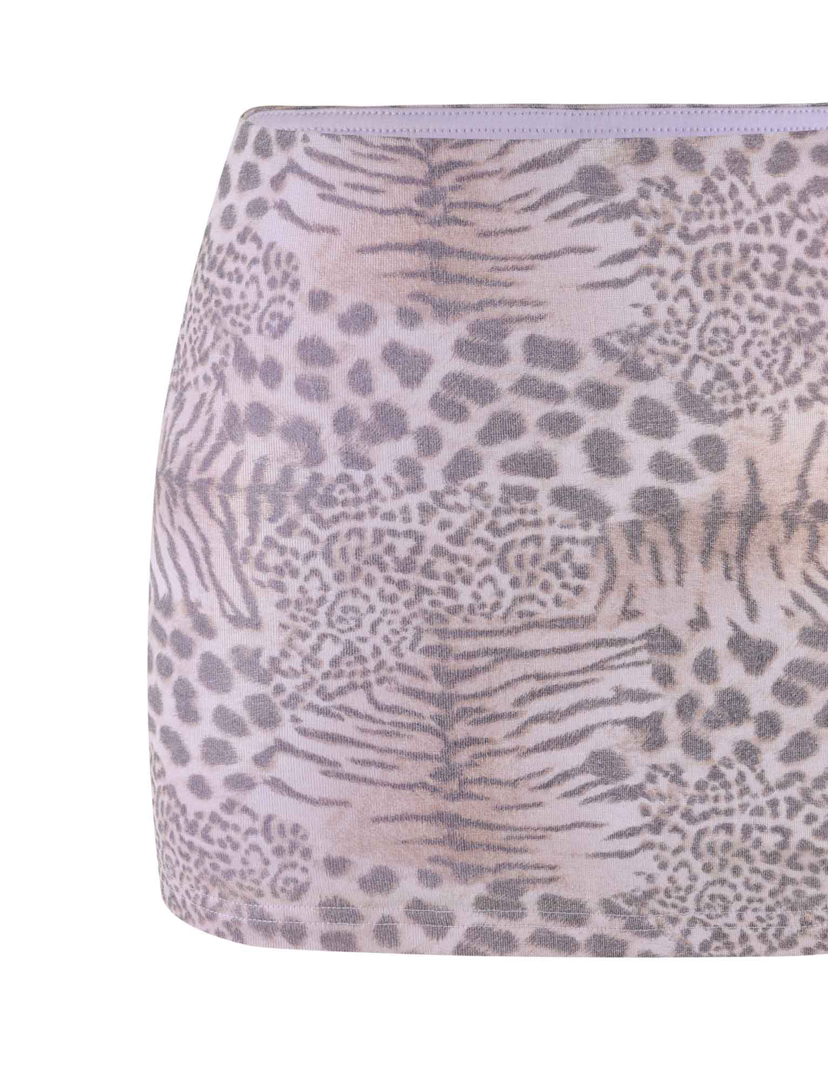 A close-up of the TIGERMIST EVANGELINE SKIRT shows its bodycon fit and smooth fabric, featuring a pale pink tiger print with light purple and grey leopard spots.